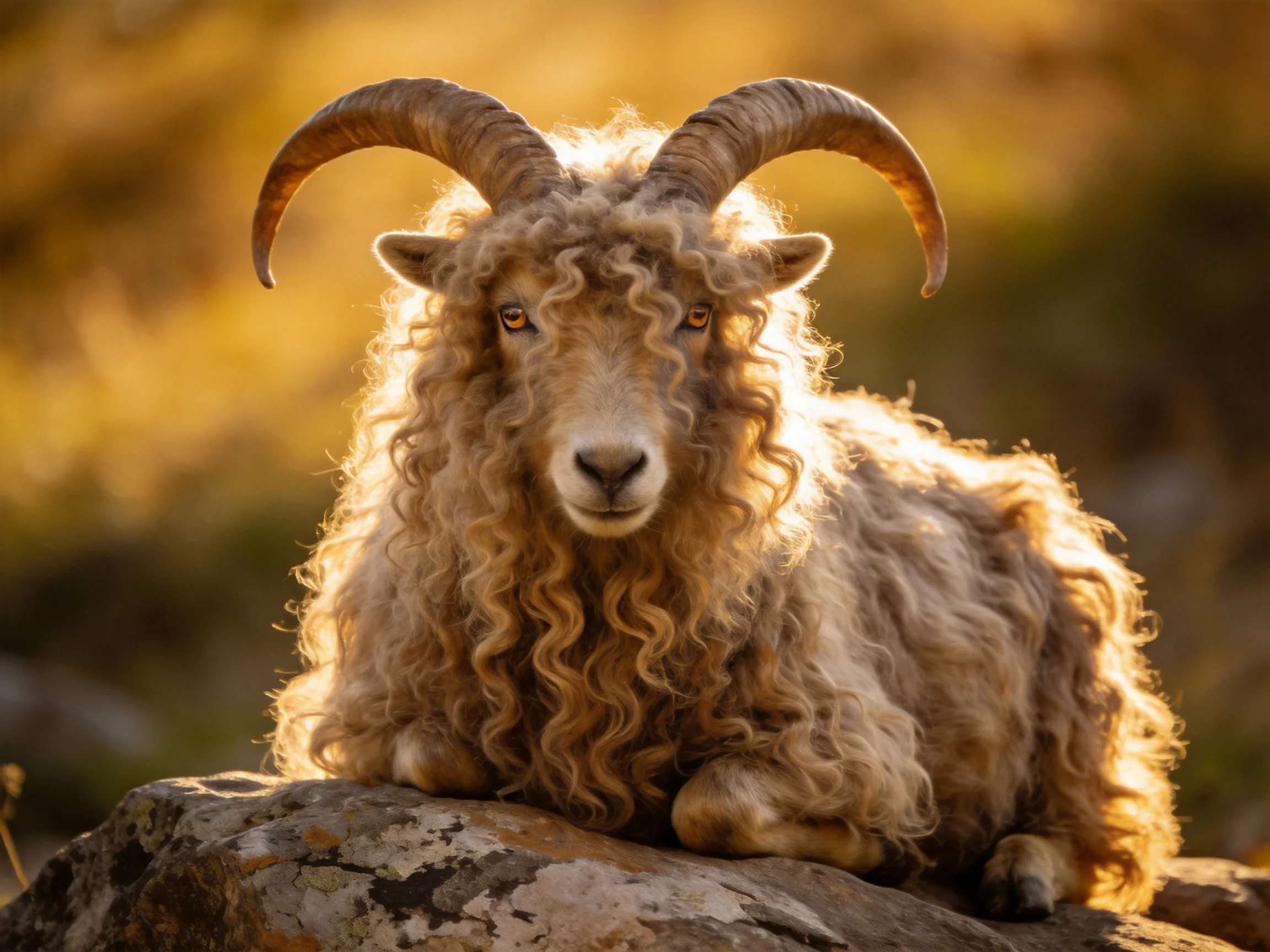 A long-haired brown goat with large curved horns resting on a rock