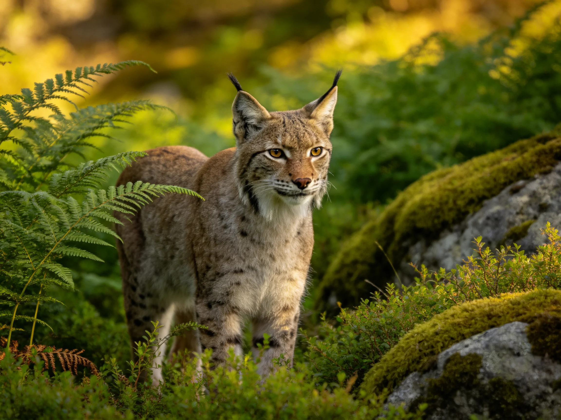 A lynx amid lush ferns and moss-covered rocks in golden light