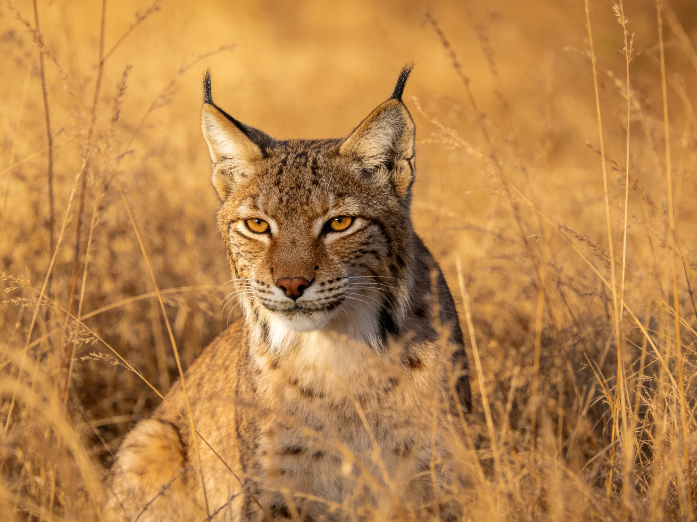 A lynx blends into tall golden grasses under warm sunlight