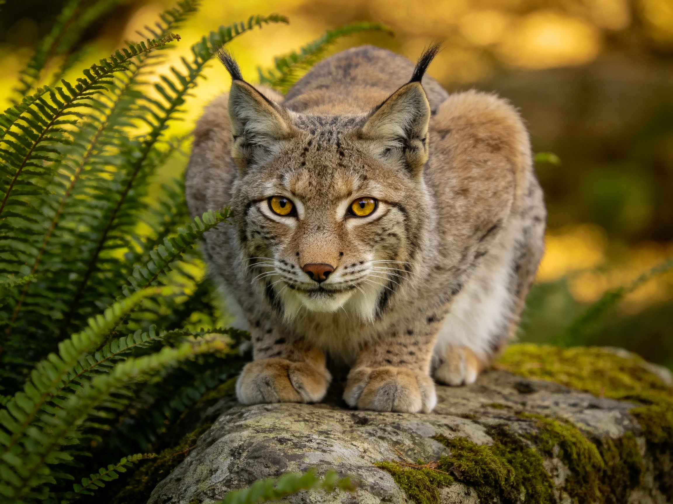 A lynx crouches on a mossy rock near dense ferns