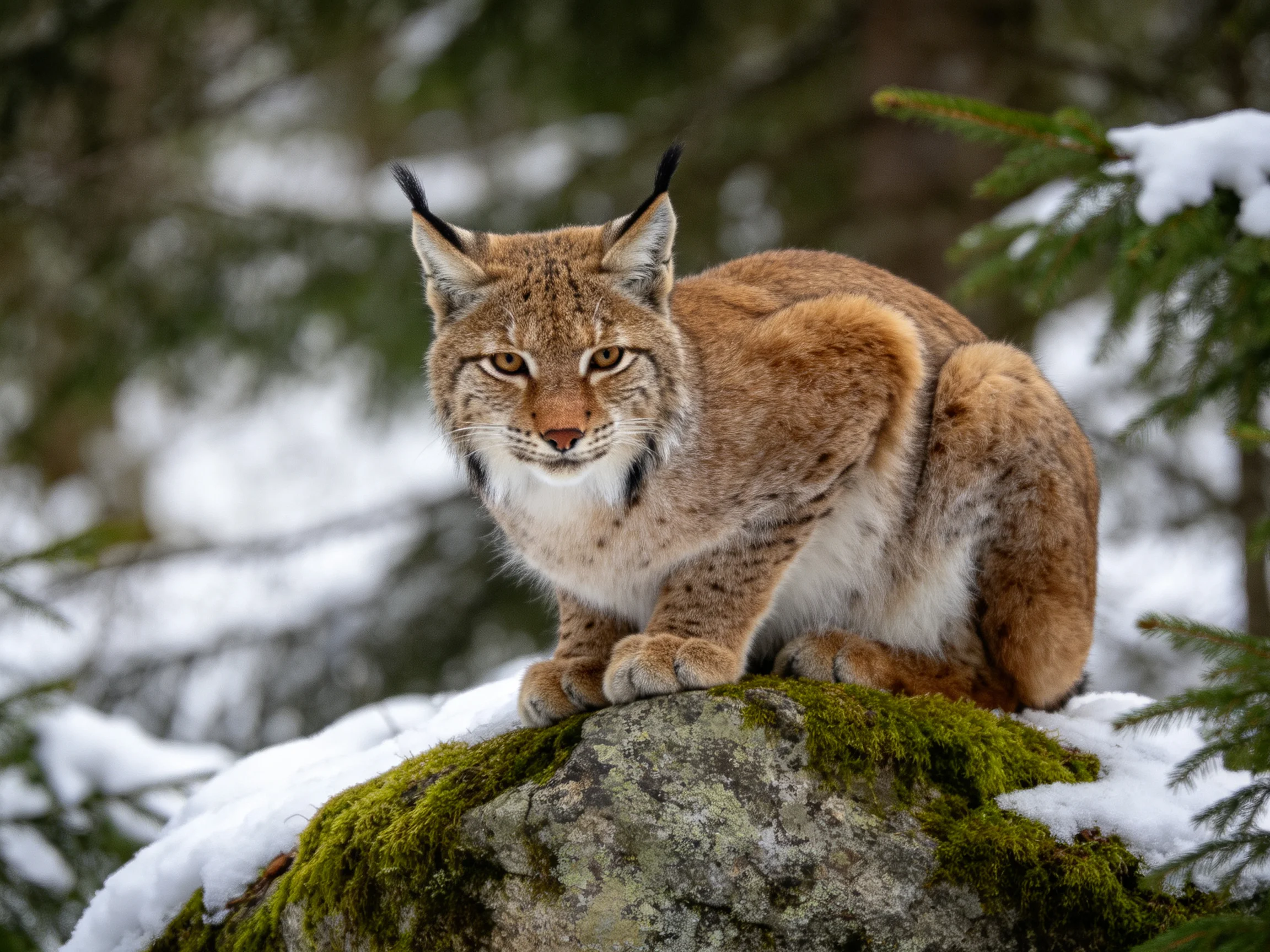 A lynx perched on a moss-covered, snow-dusted rock in a wintry forest