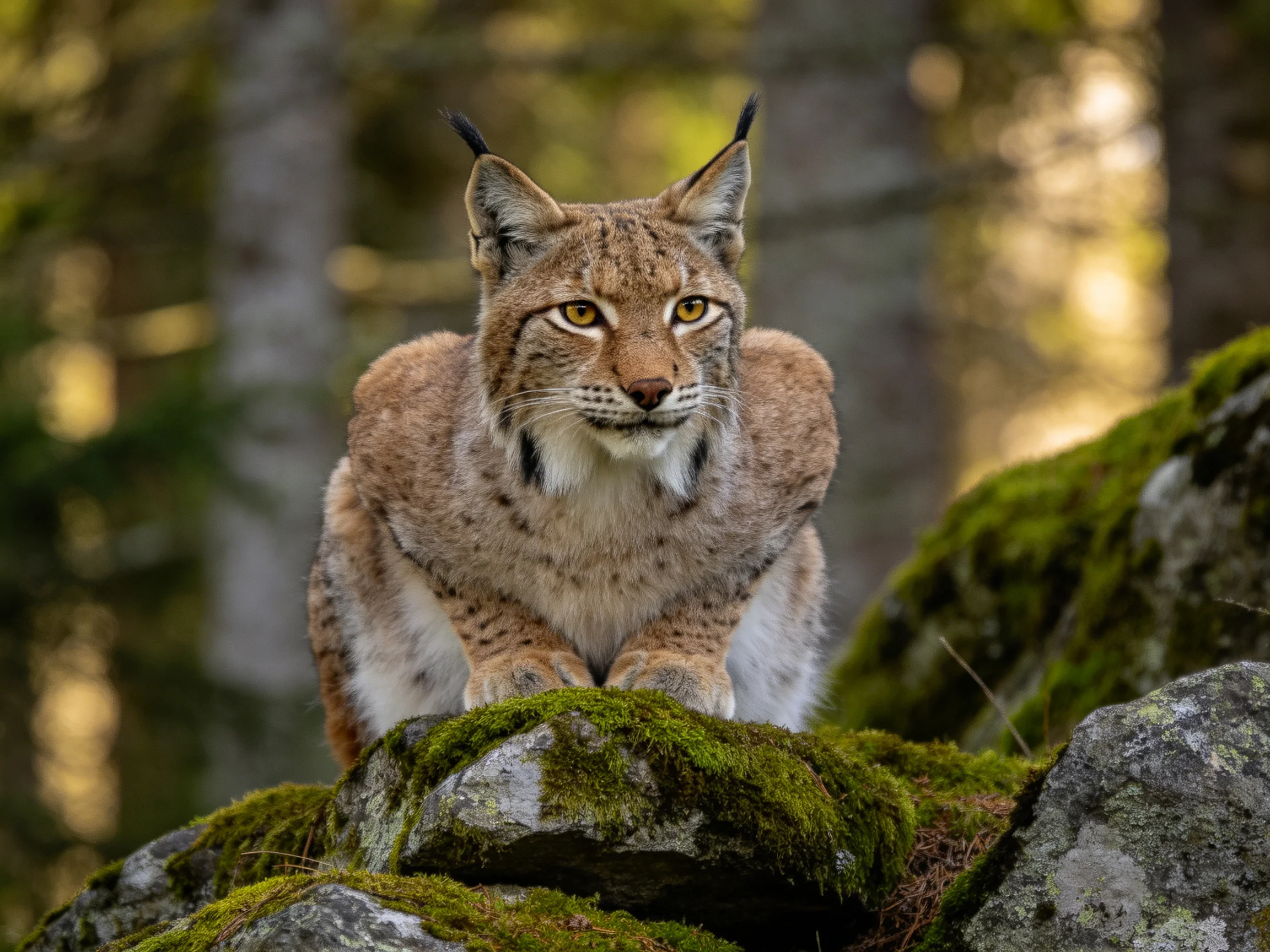 A lynx sits alertly atop mossy rocks in a sun-dappled forest.