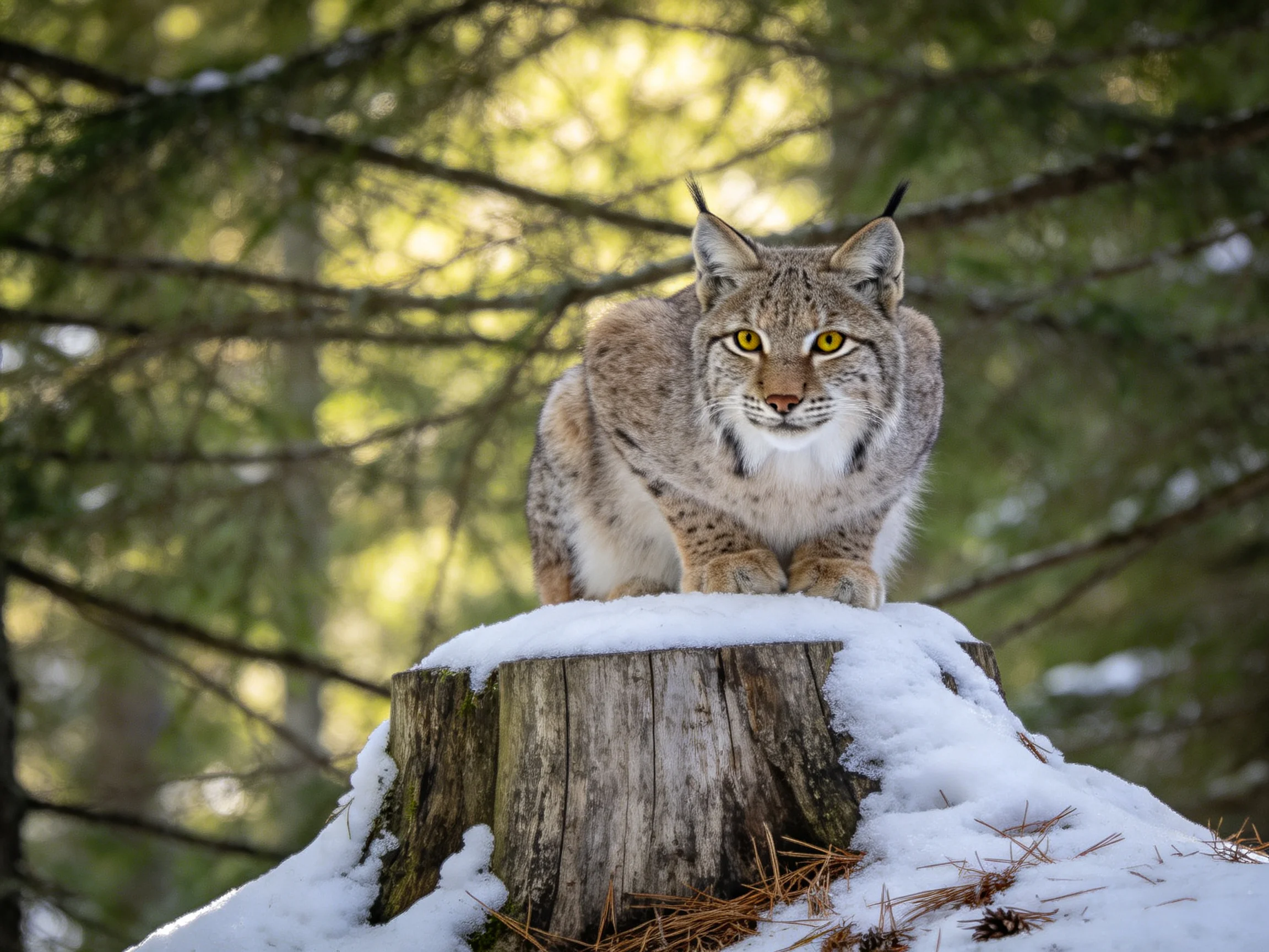 A lynx perches on a snow-dusted tree stump in a sunlit forest