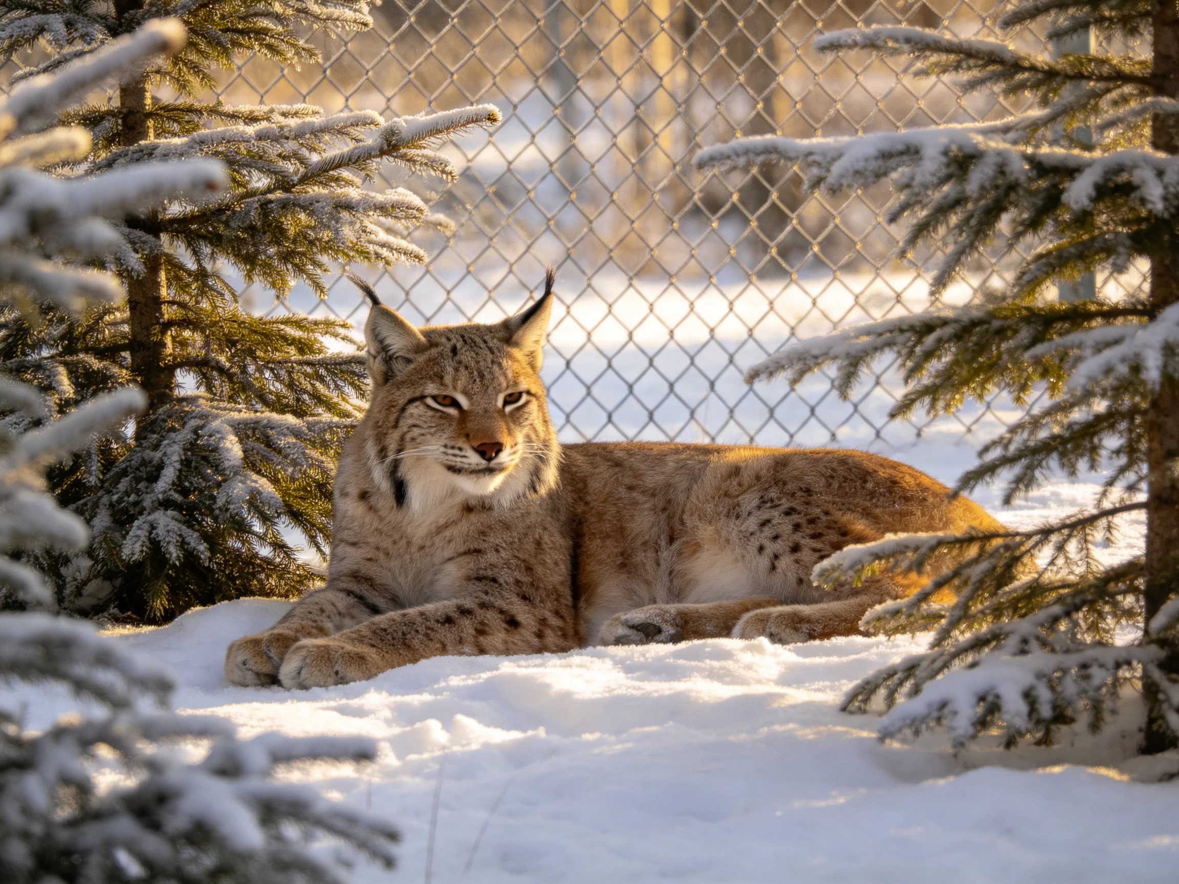 A lynx rests amid snowy evergreens near a chain-link fence