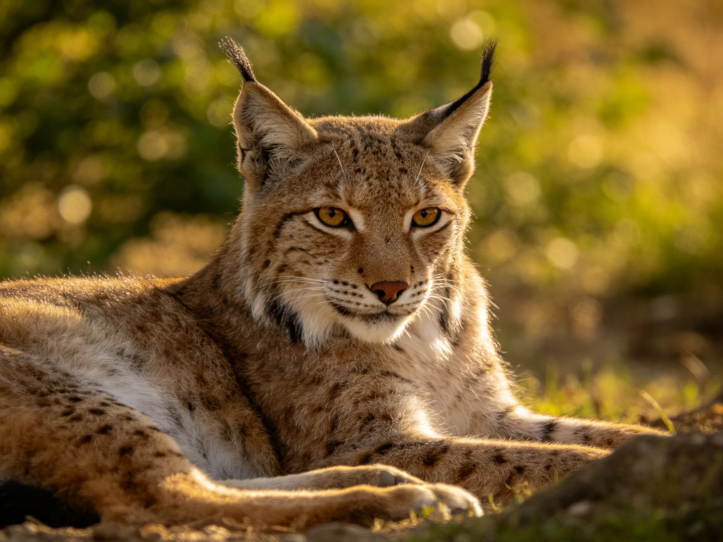 A lynx rests in a sunlit, green natural habitat with spotted fur