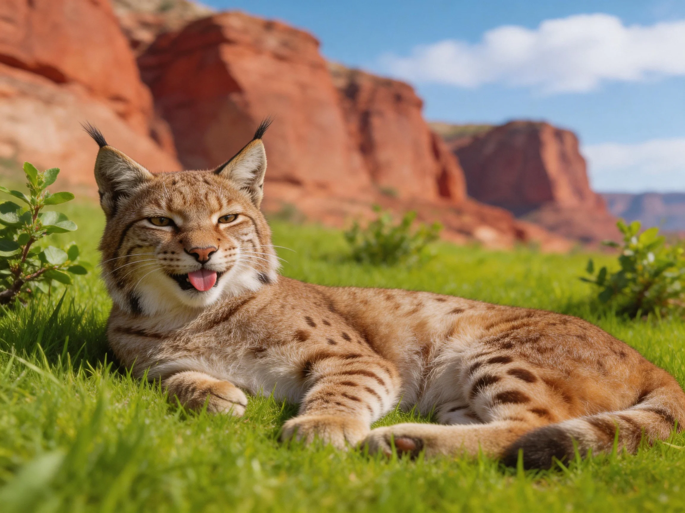 A lynx relaxes on vibrant grass beside tall red rock structures.
