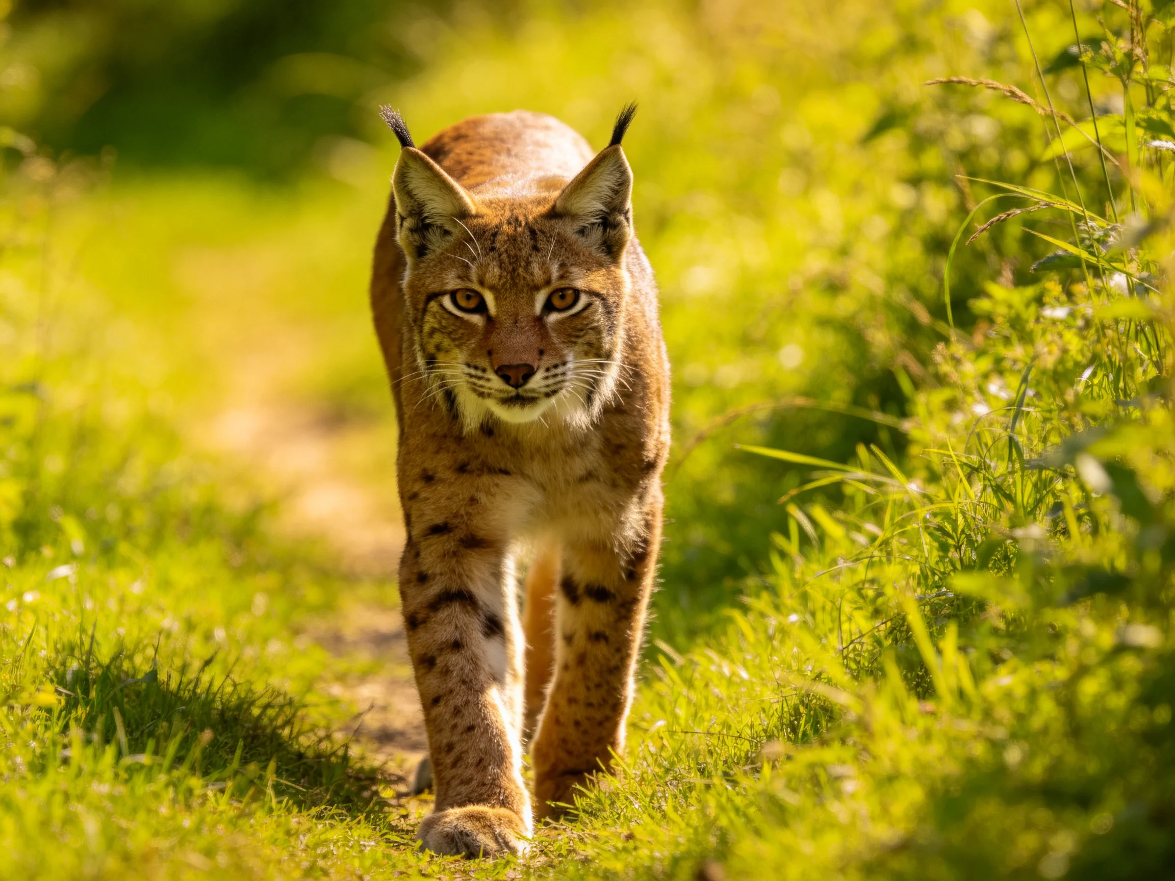 A lynx roams a sunlit path amid lush green vegetation