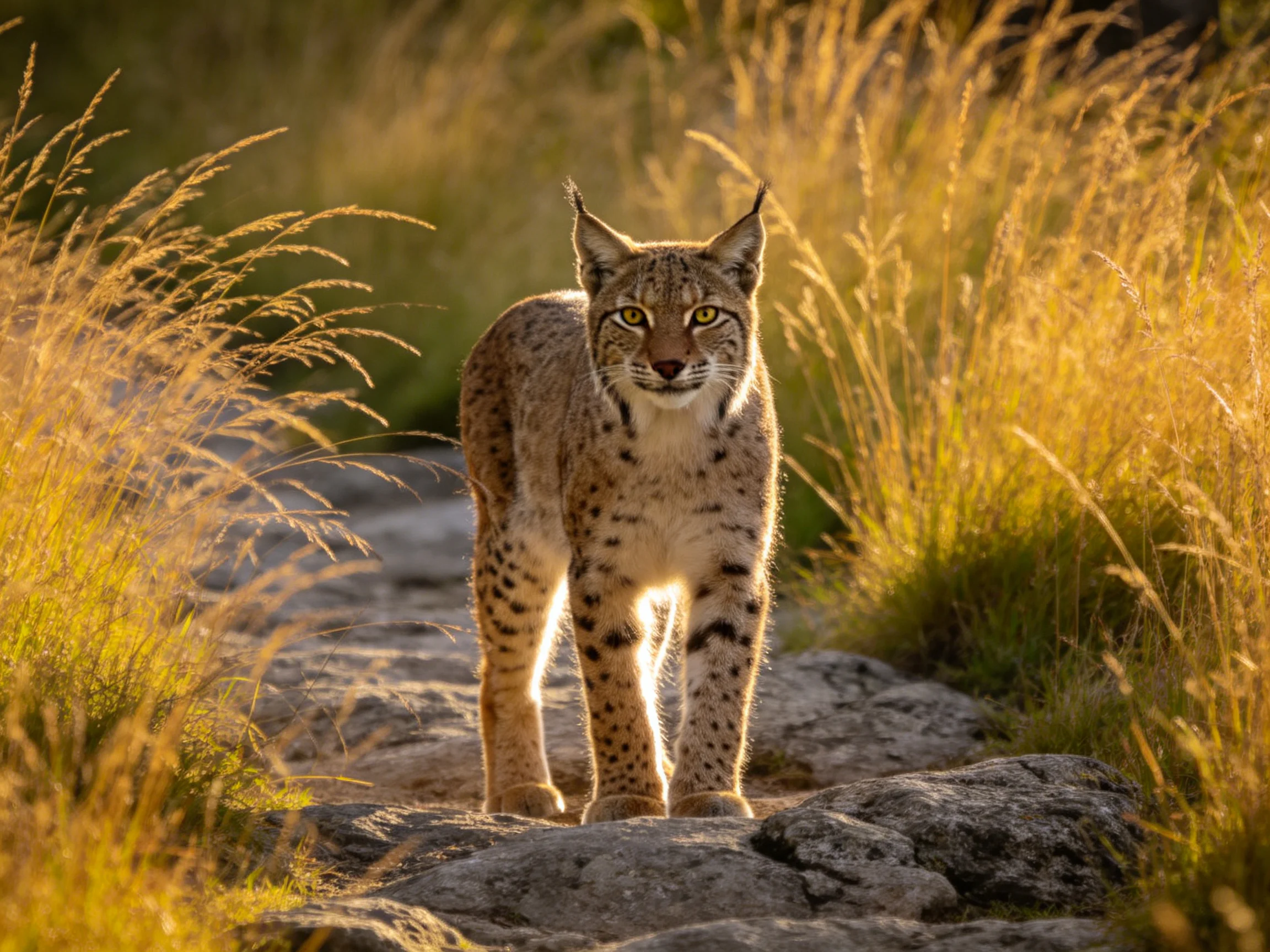 A lynx moves through golden grasses beside a rocky trail.