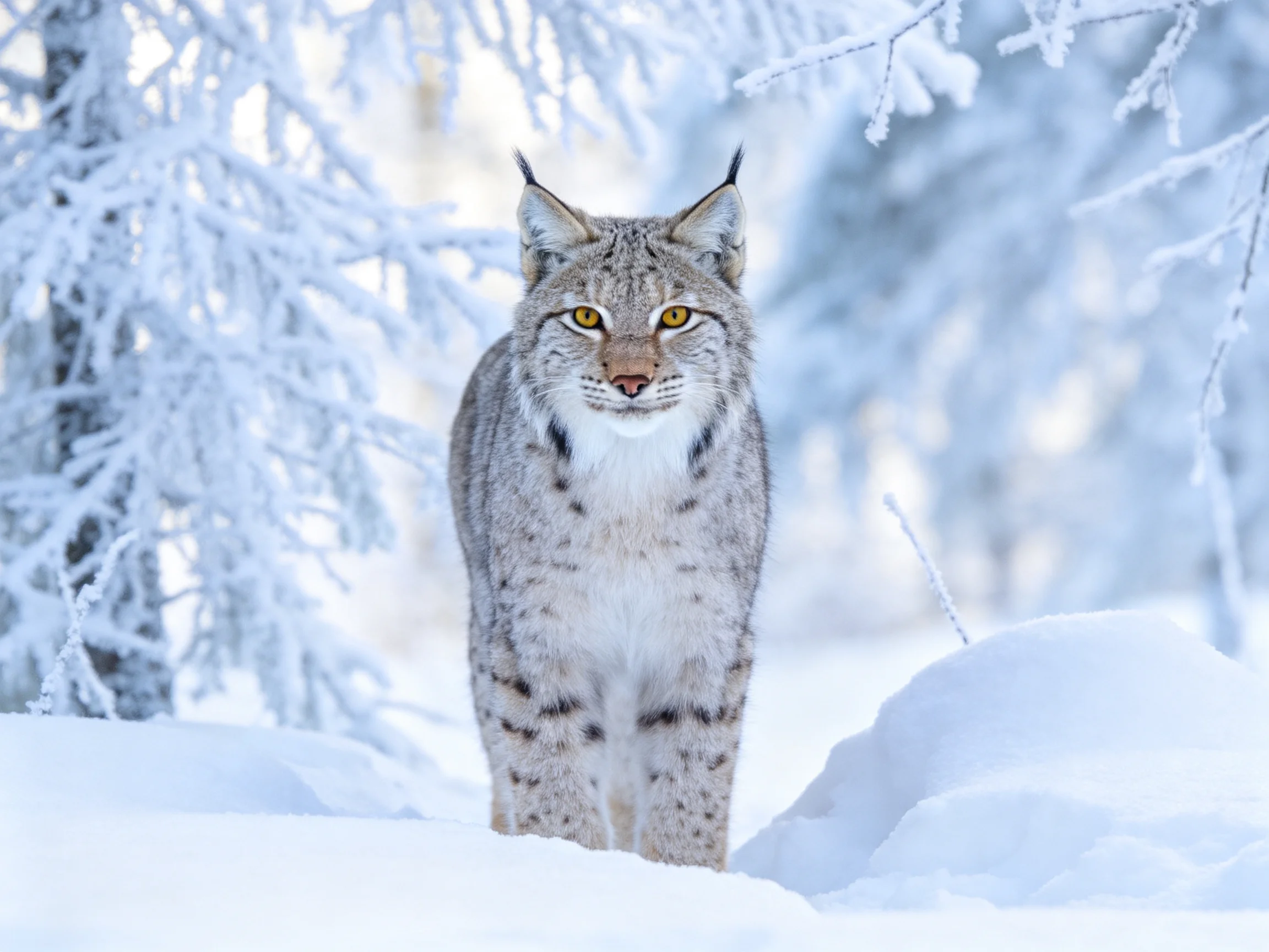 A lynx roams through deep snow among frosty evergreen trees