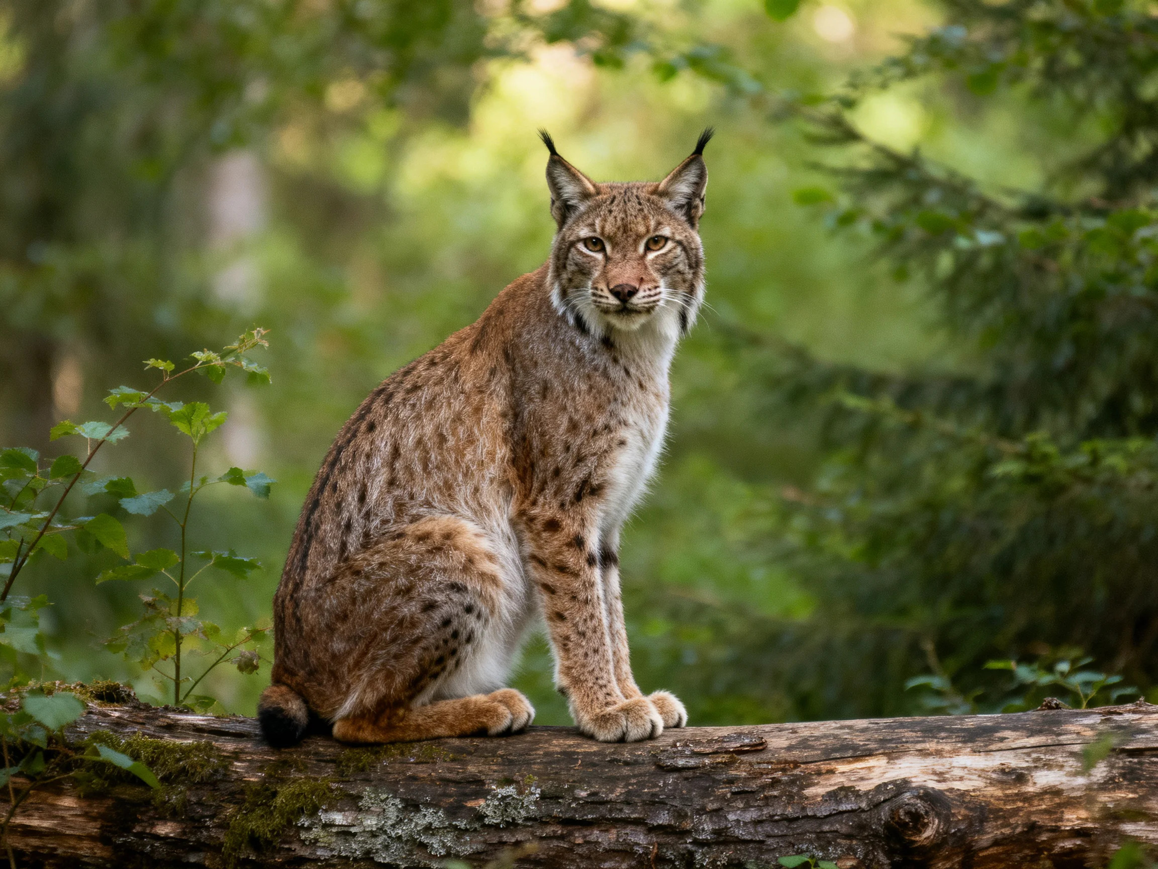 A lynx sits alertly on a moss-covered fallen log in a lush forest