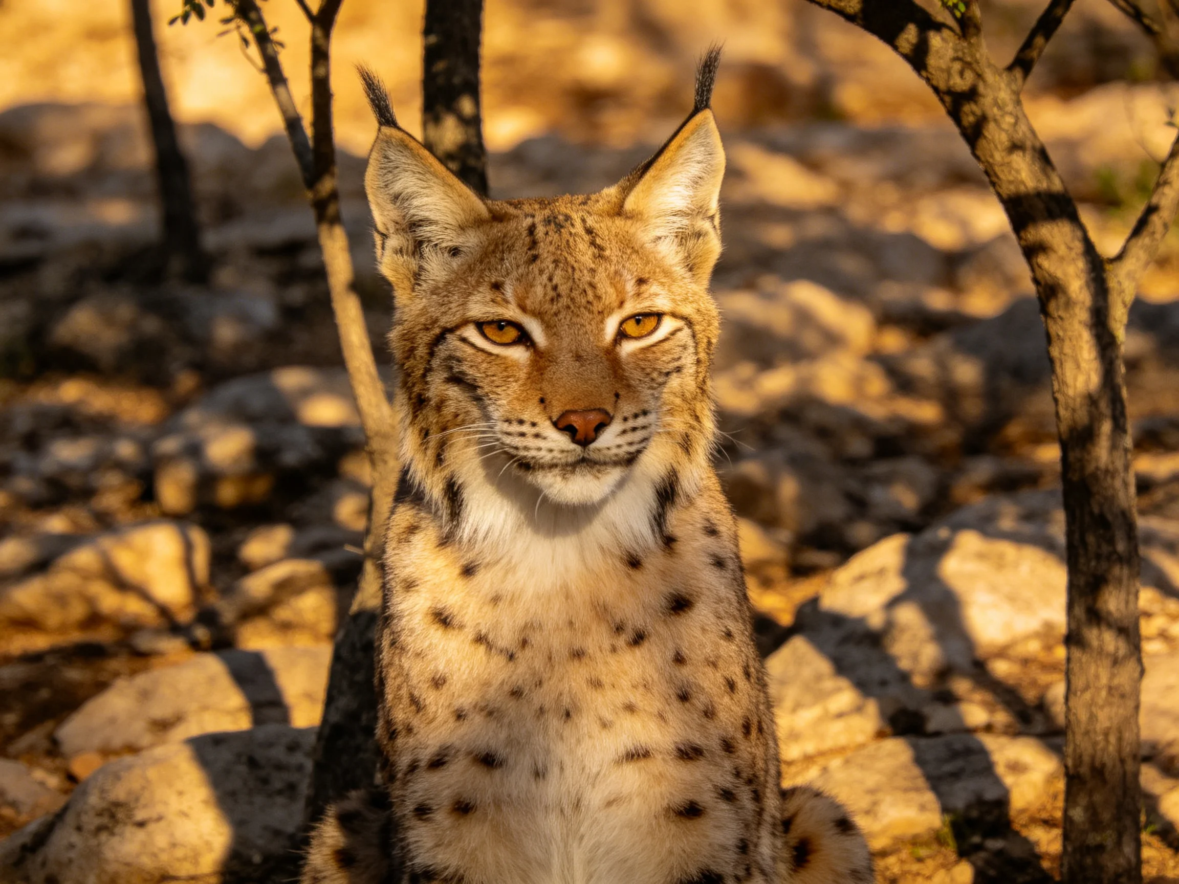 A lynx rests among rocks and trees in a sunlit natural setting.