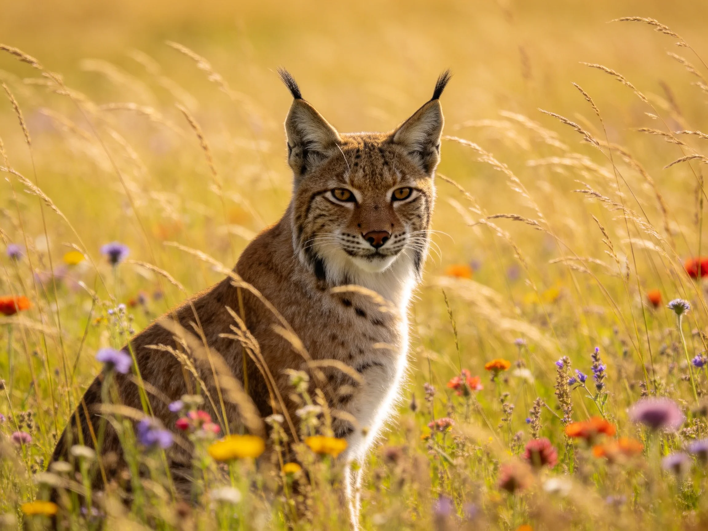 A lynx rests in a sunlit meadow with tall grasses and colorful blooms