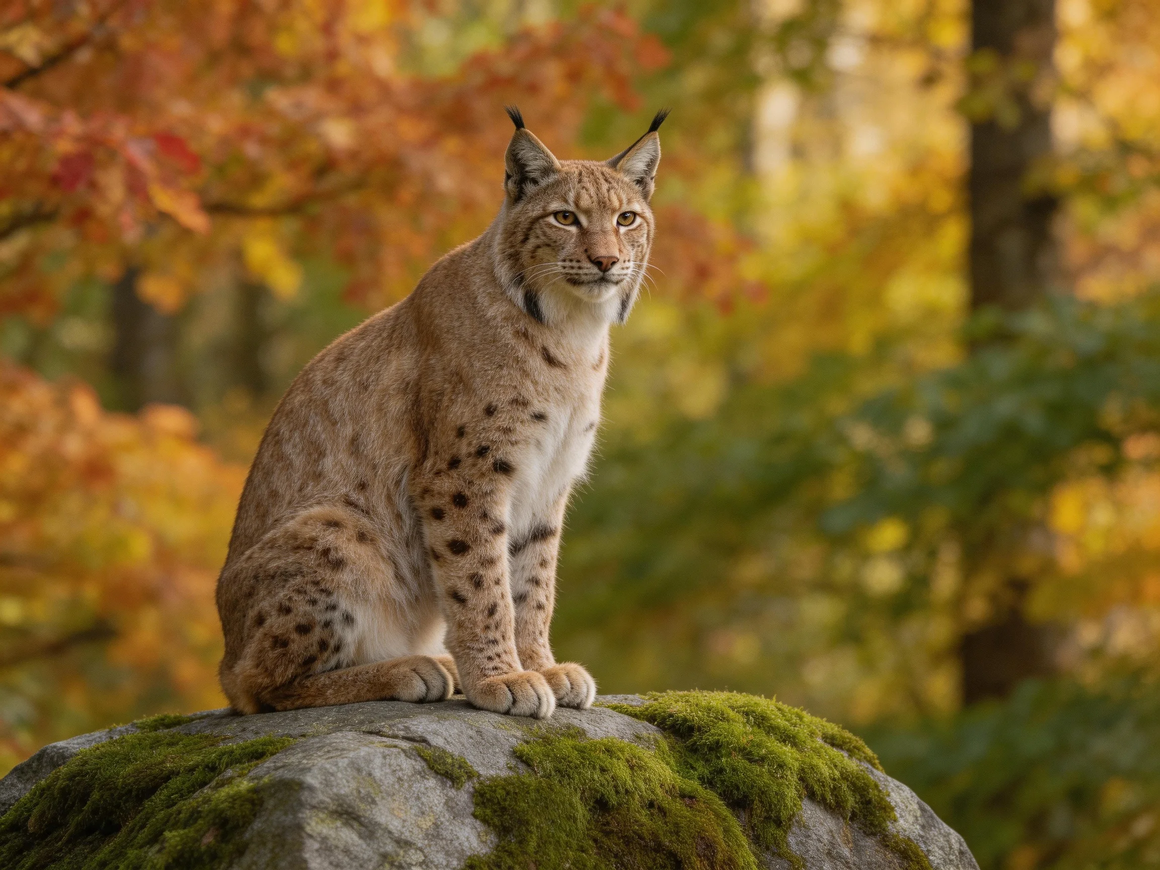 A lynx sits atop a moss-covered rock amid vibrant fall trees