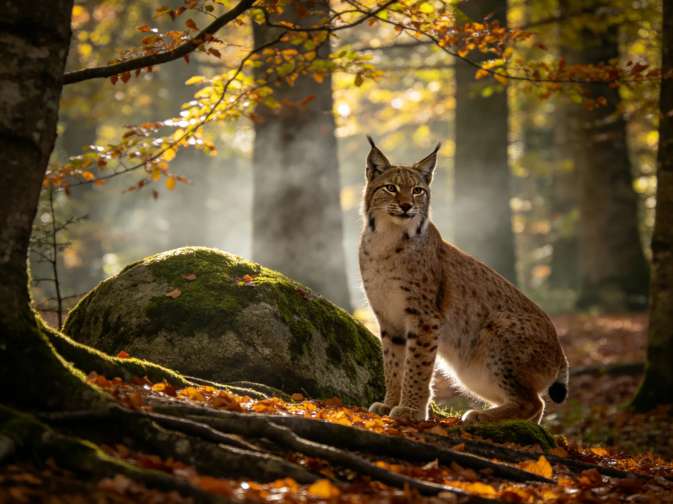 A lynx sits by a mossy rock in an autumn forest with golden light