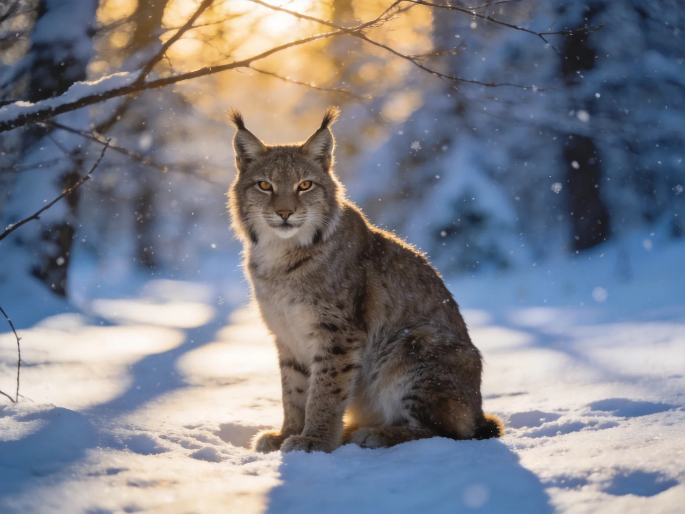 A lynx sits in a snow-covered forest bathed in golden sunlight