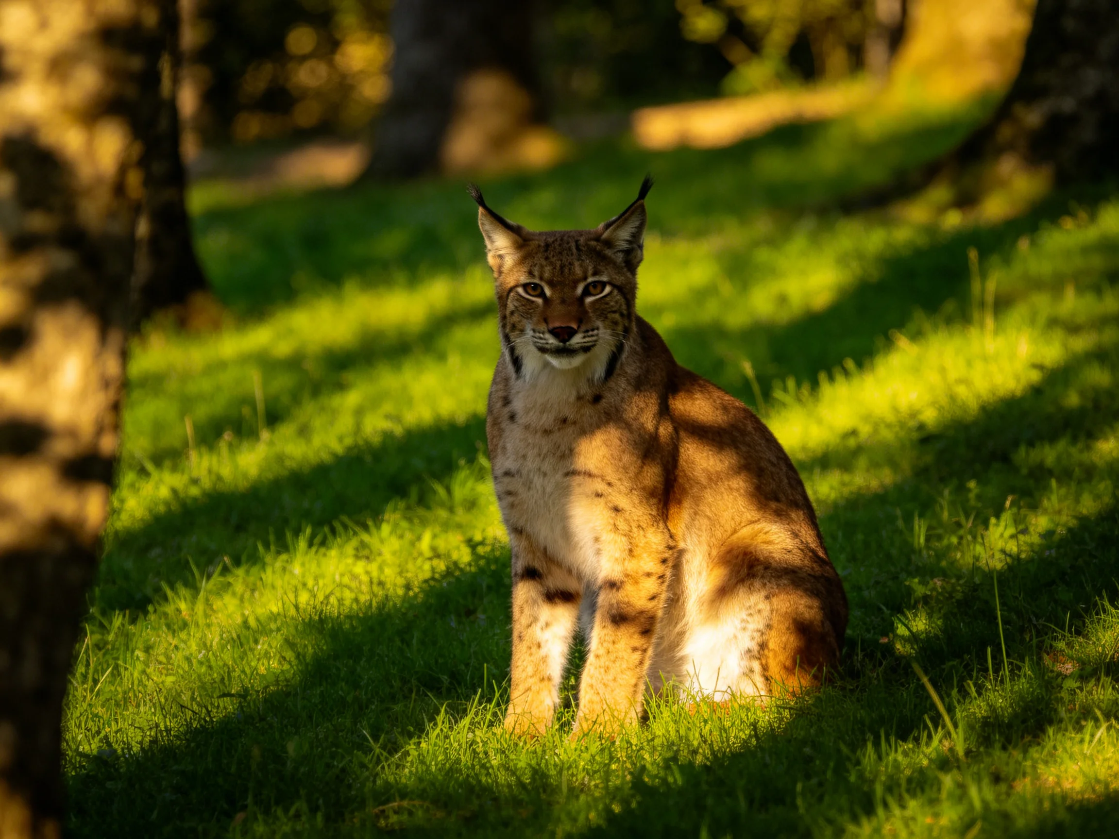 A lynx sits in sunlit green grass near forest trees