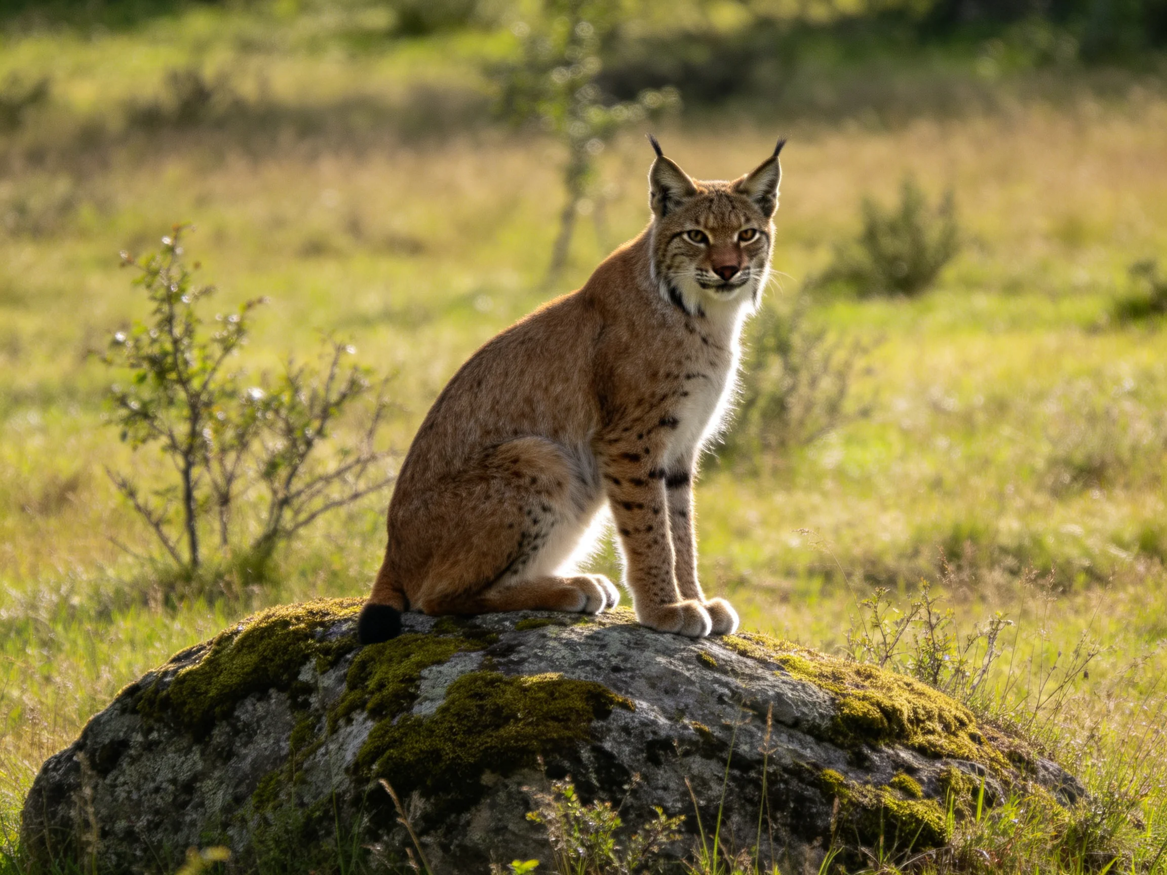 A lynx sits on a moss-covered rock in a sunlit meadow