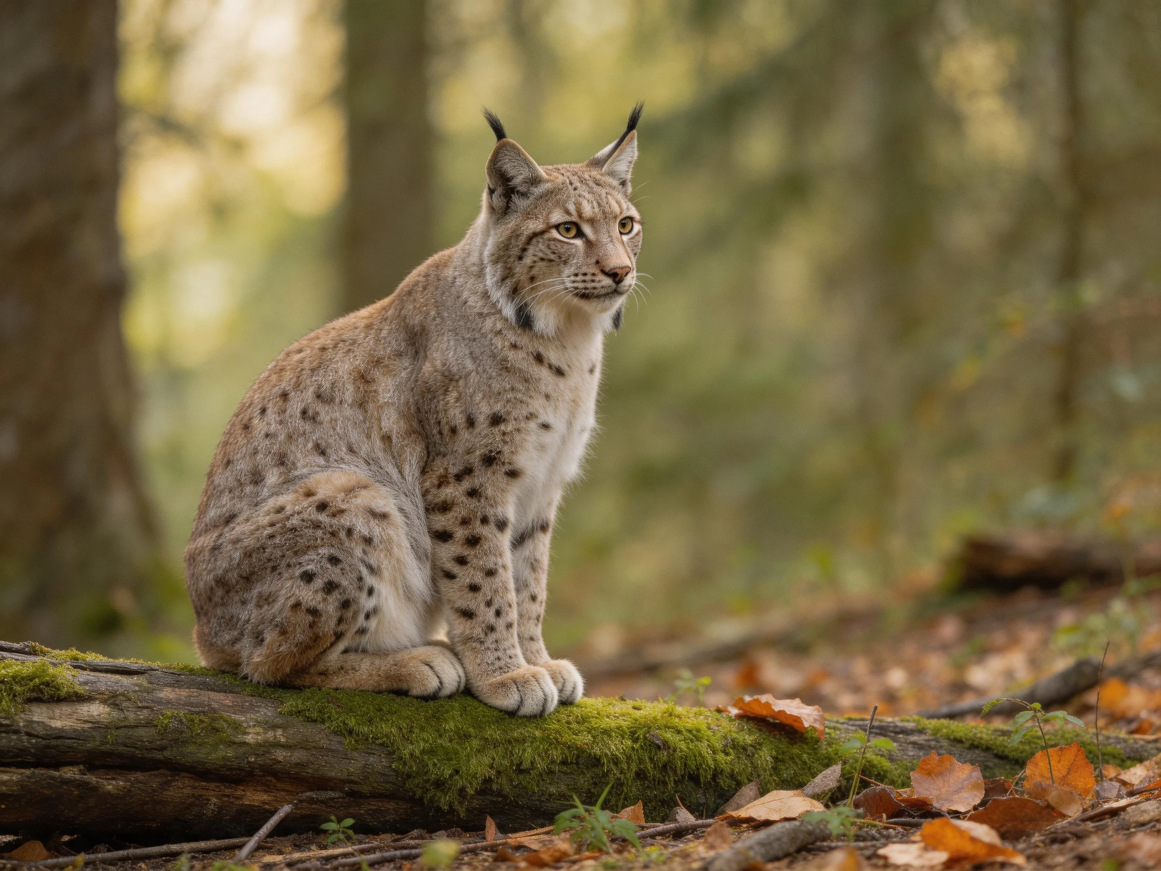 A lynx sits on a mossy log in an autumnal forest