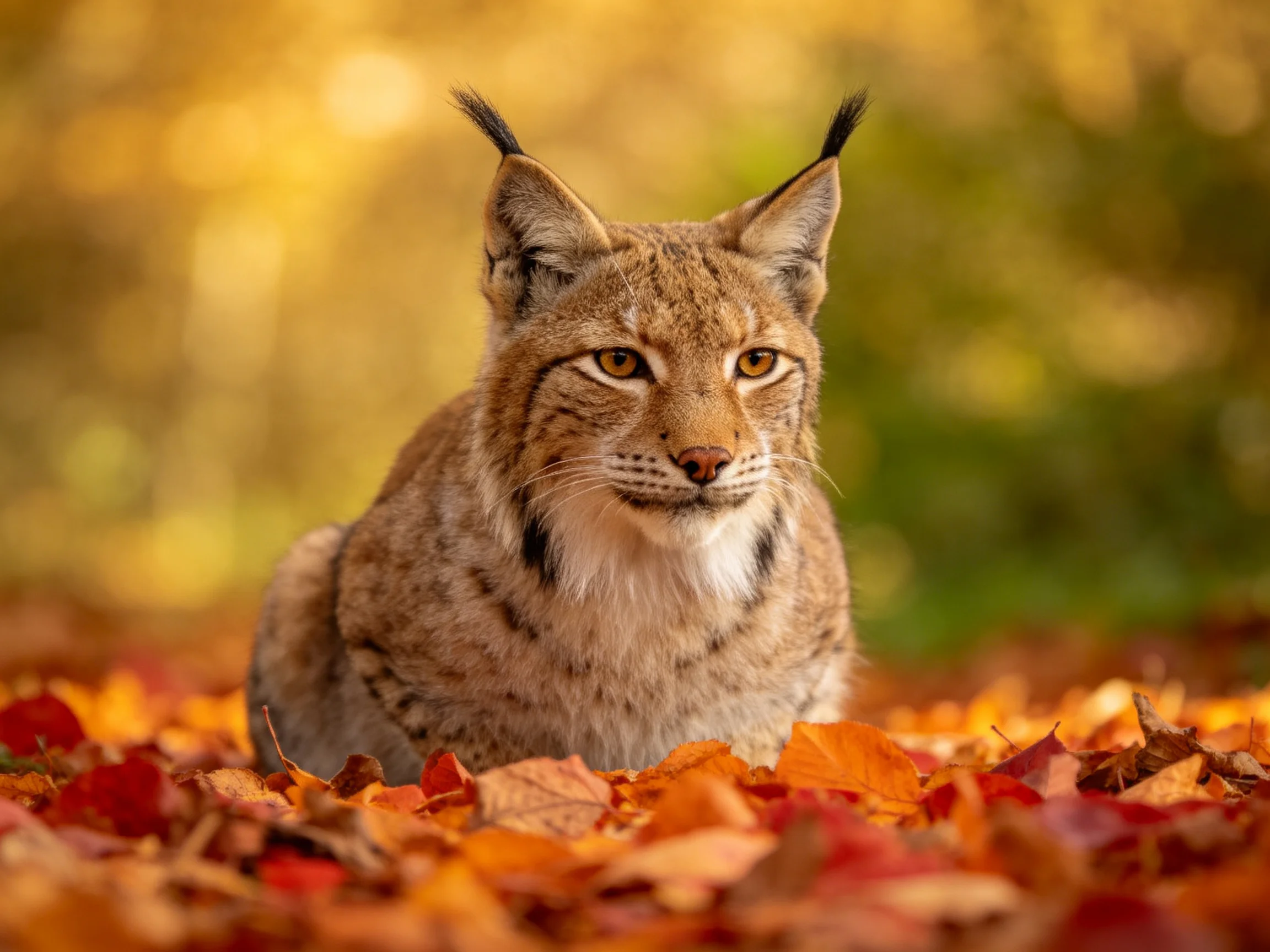 A lynx sitting among colorful autumn leaves with golden bokeh