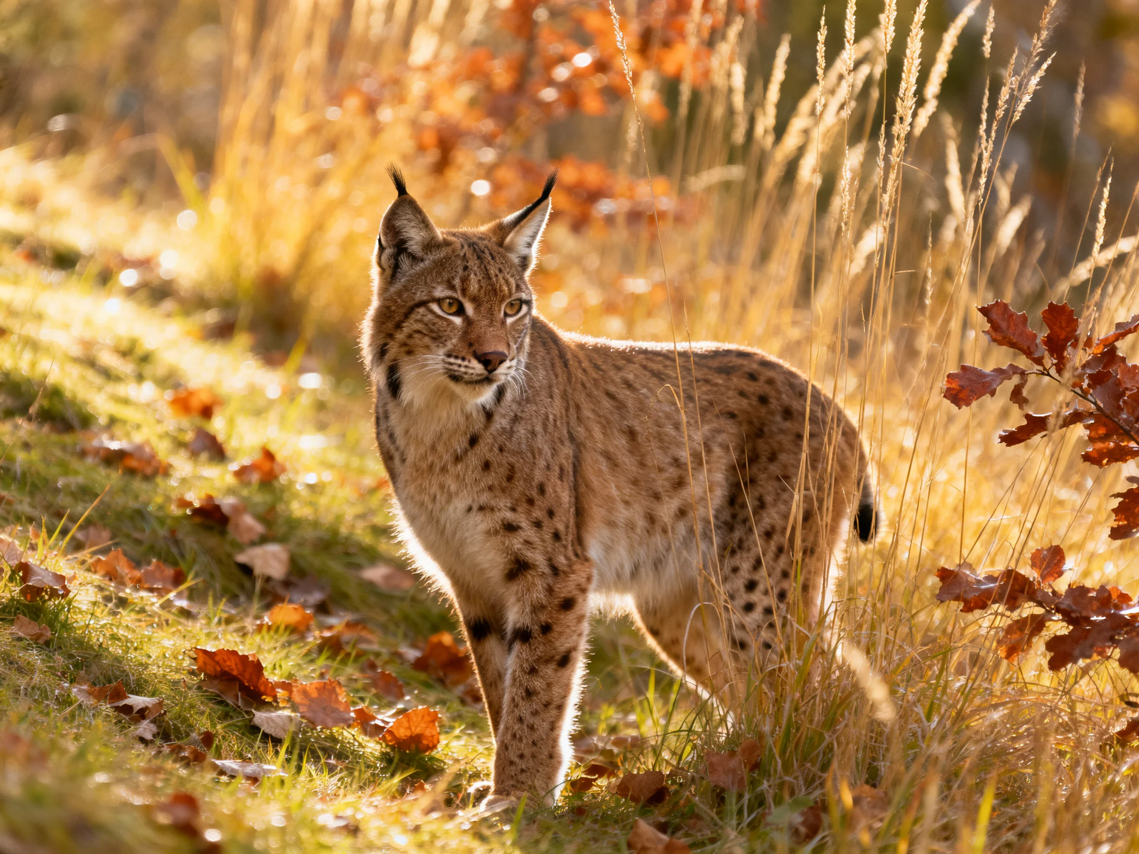 A lynx is in a sunlit autumn field with tall grass and fallen leaves.