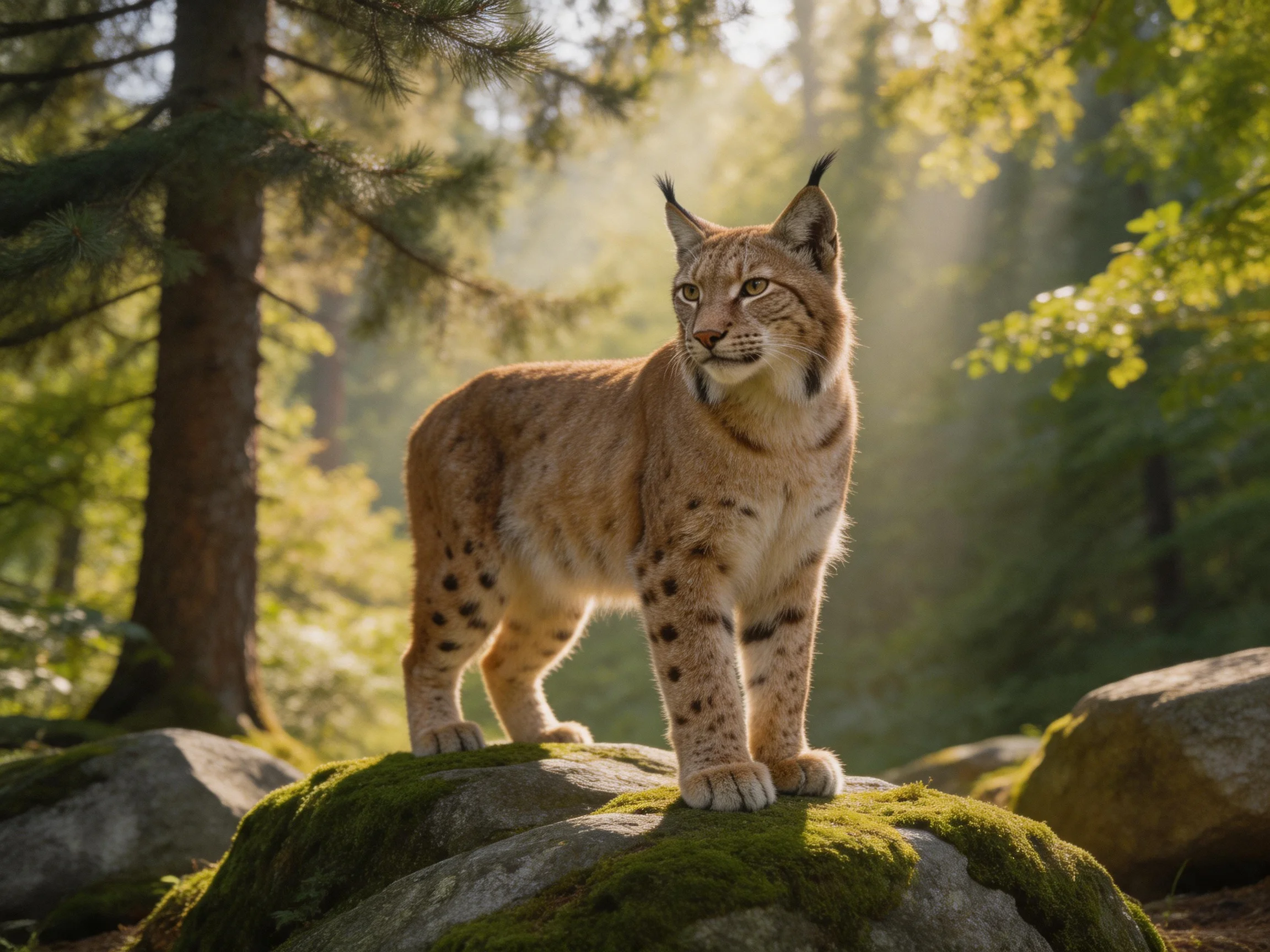 A lynx stands atop a moss-covered rock in a sunlit forest