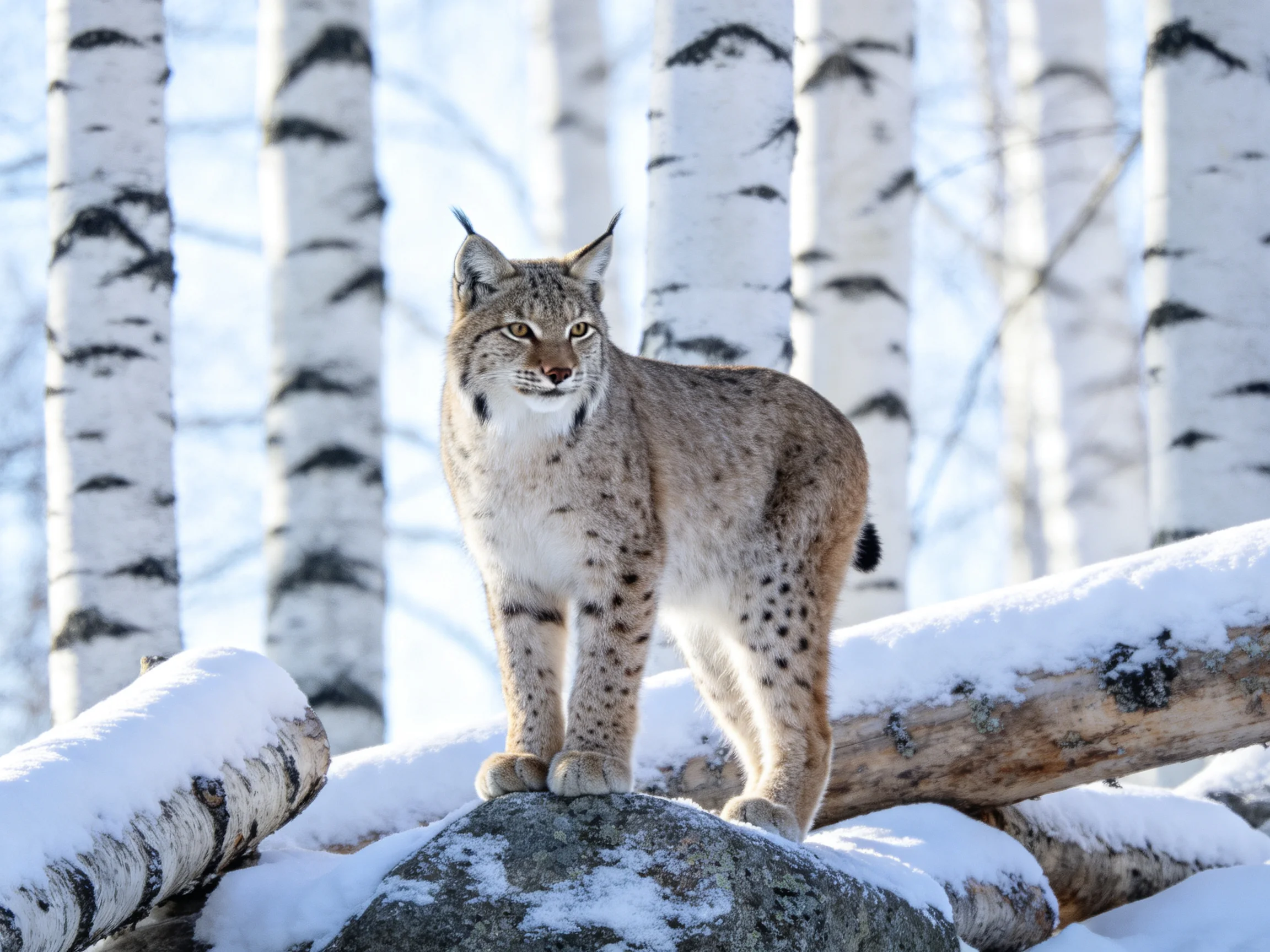 A lynx stands atop snow - covered logs near white birch trees