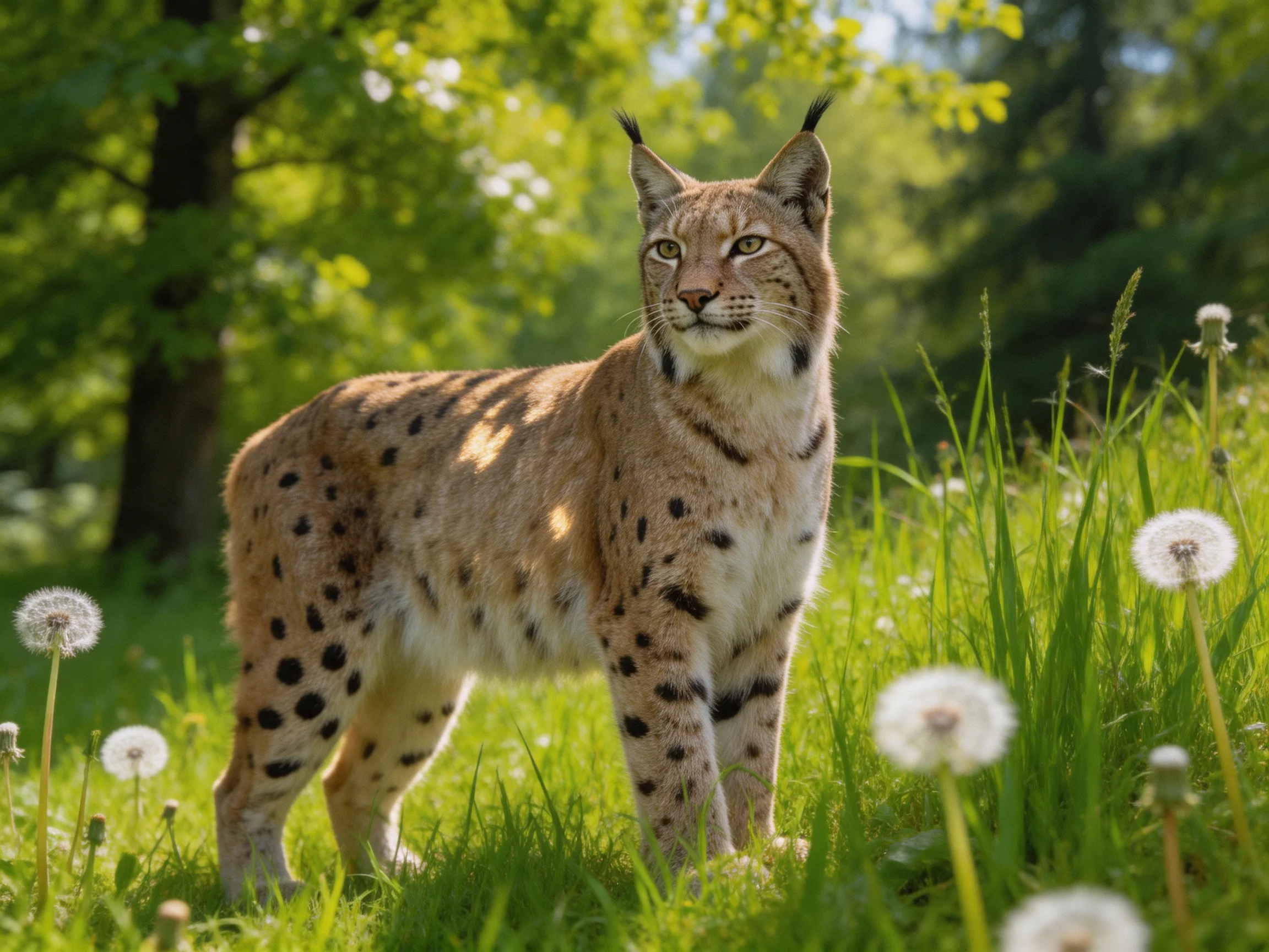 A lynx stands alert in a sunlit meadow with grass and dandelions.