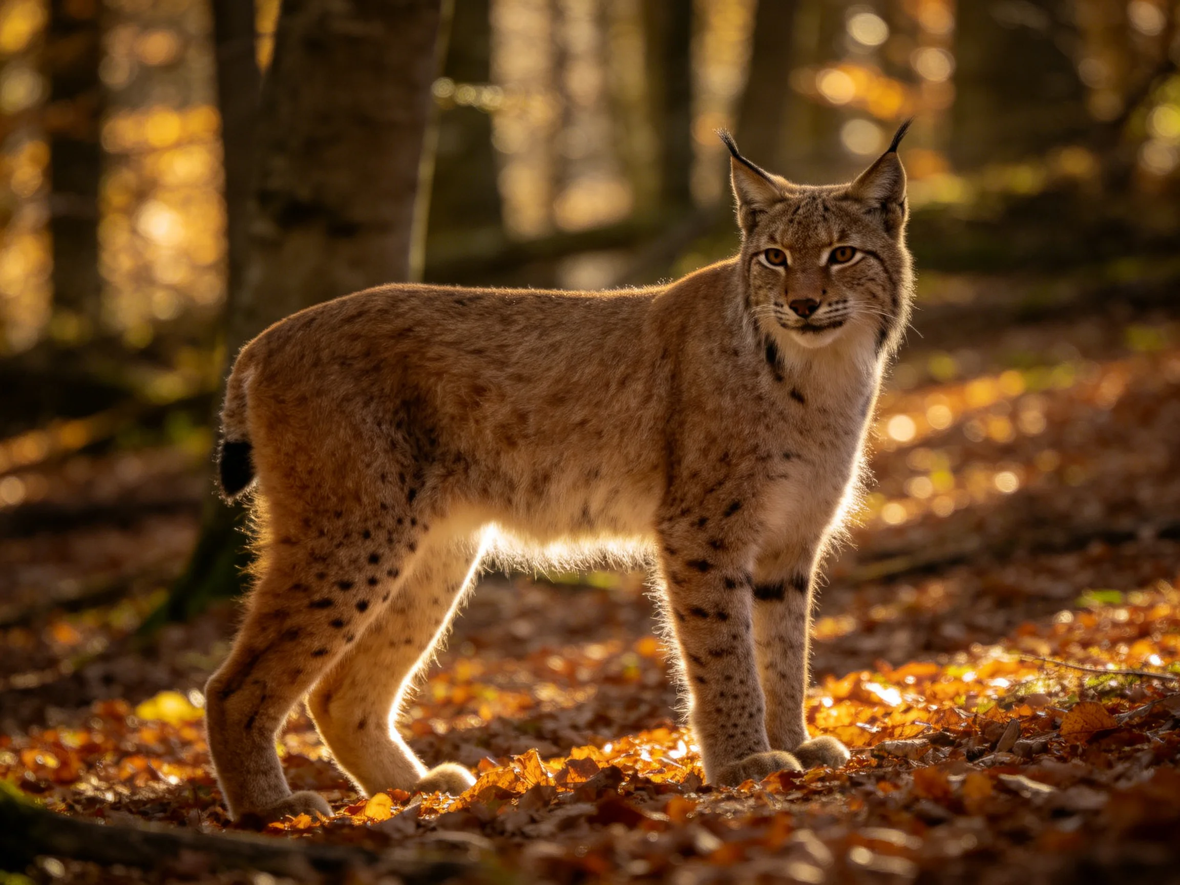 A lynx stands in an autumn forest bathed in golden light