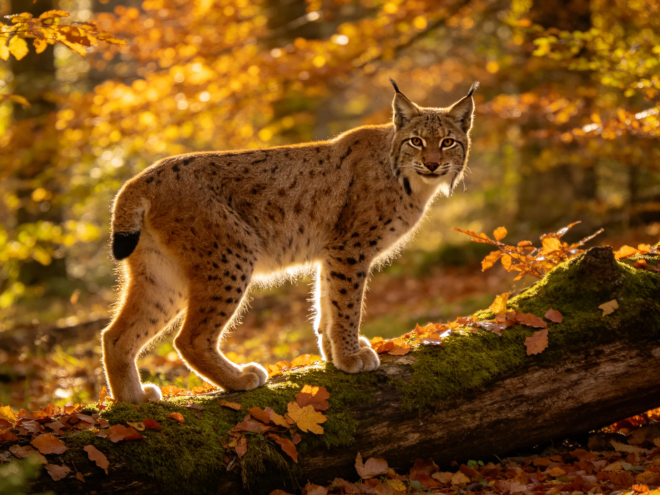 A lynx stands on a moss-covered fallen log amid golden autumn foliage