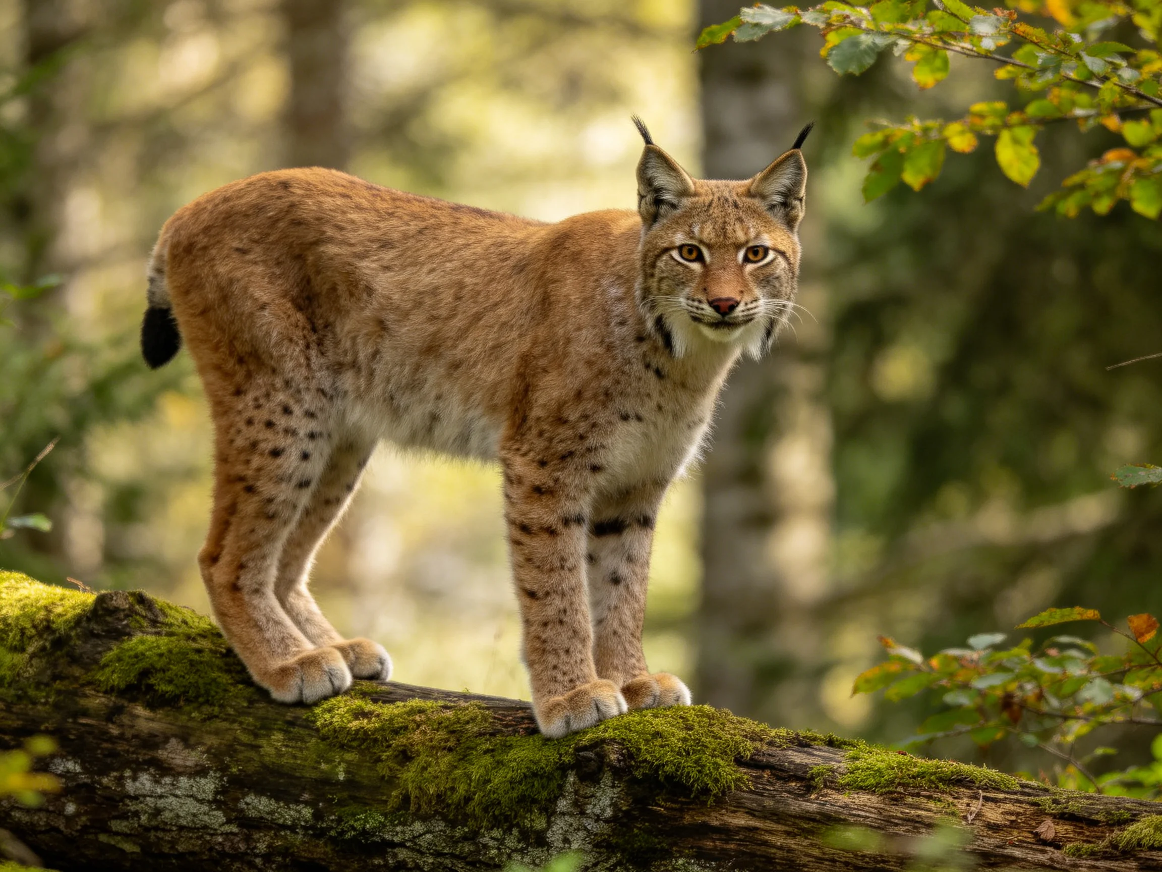 A lynx stands on a moss-covered log in a sunlit forest