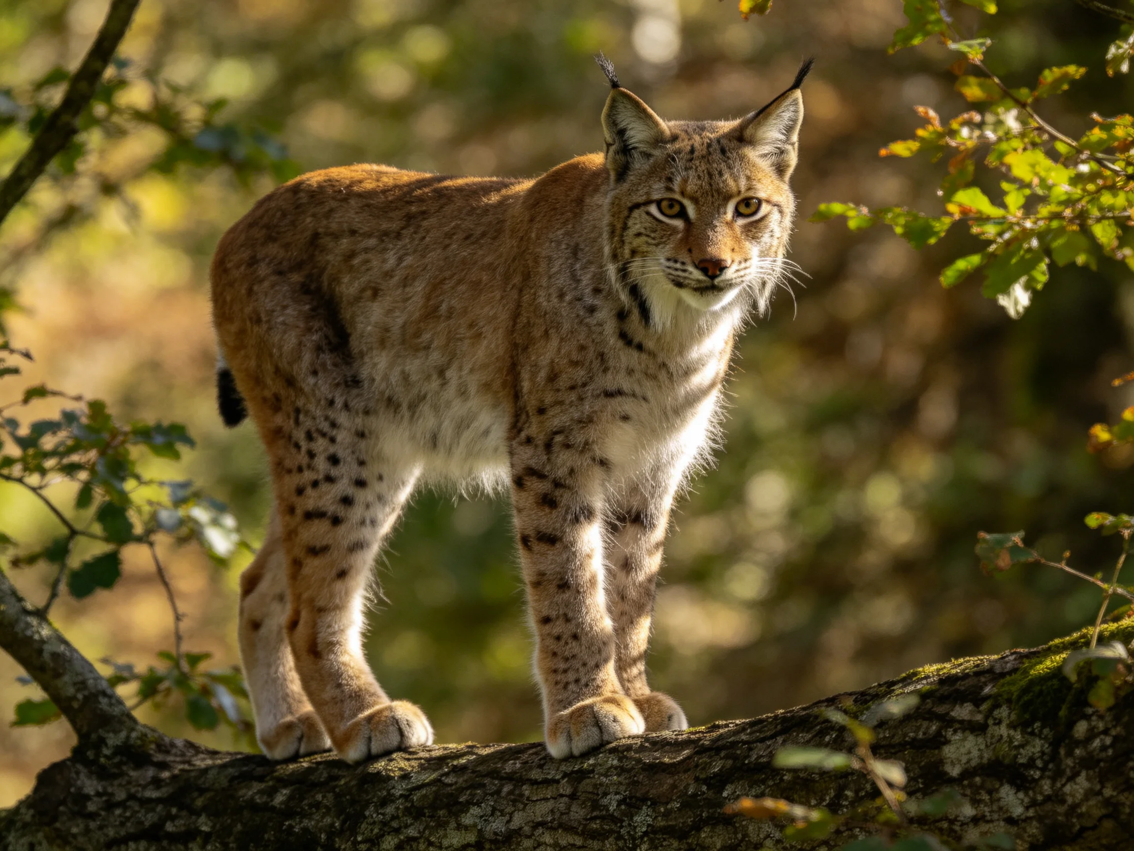 A lynx stands on a moss-covered tree branch in golden sunlight