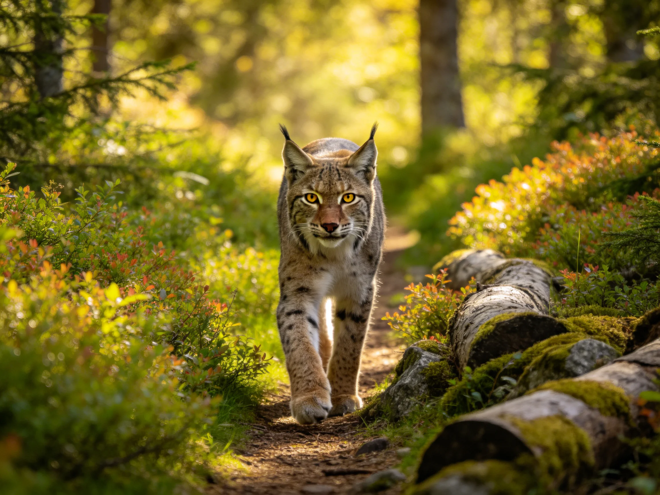 A lynx walks along a sun-dappled forest path with mossy logs
