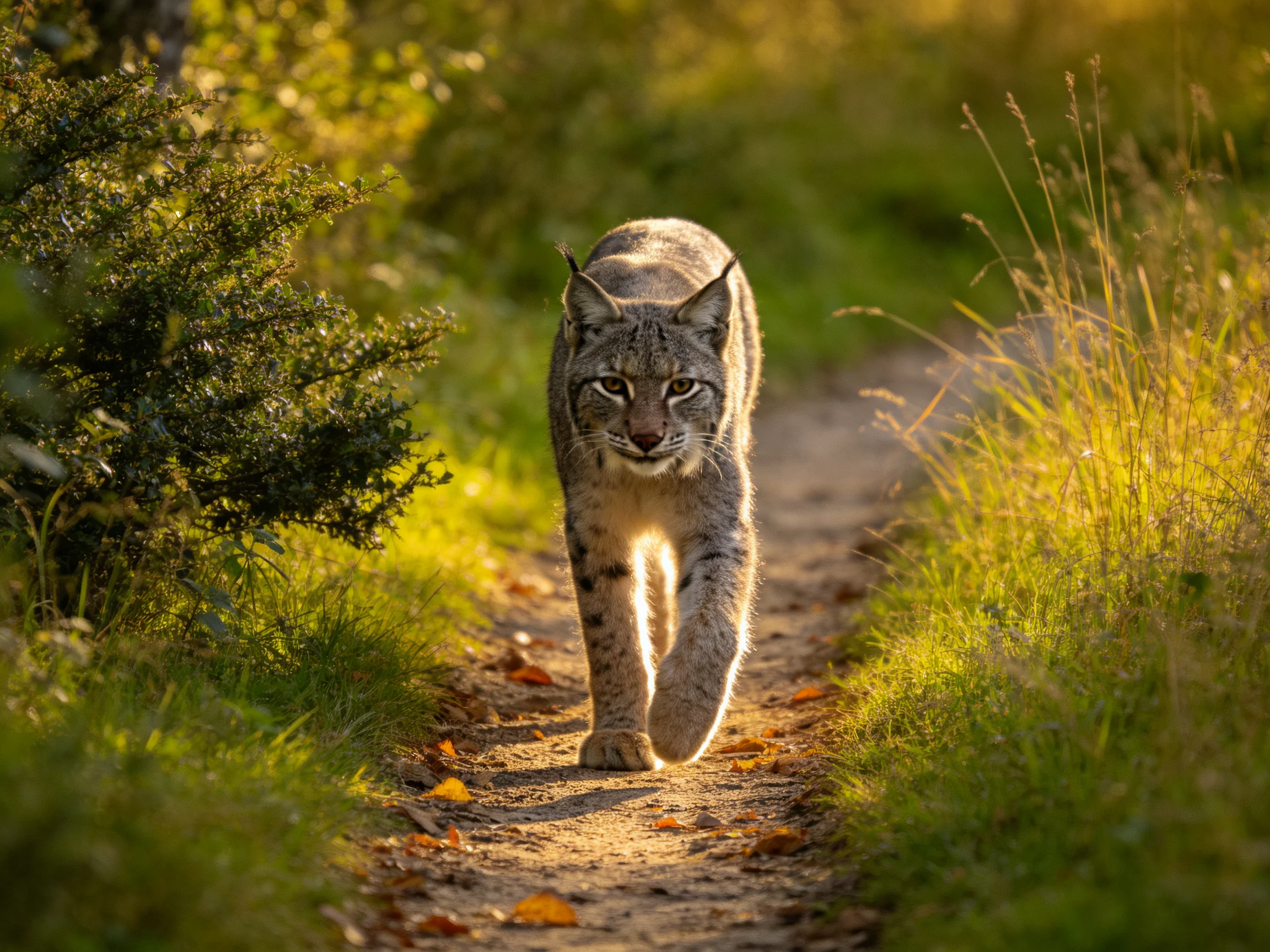 A lynx walks along a sunlit forest path with lush greenery