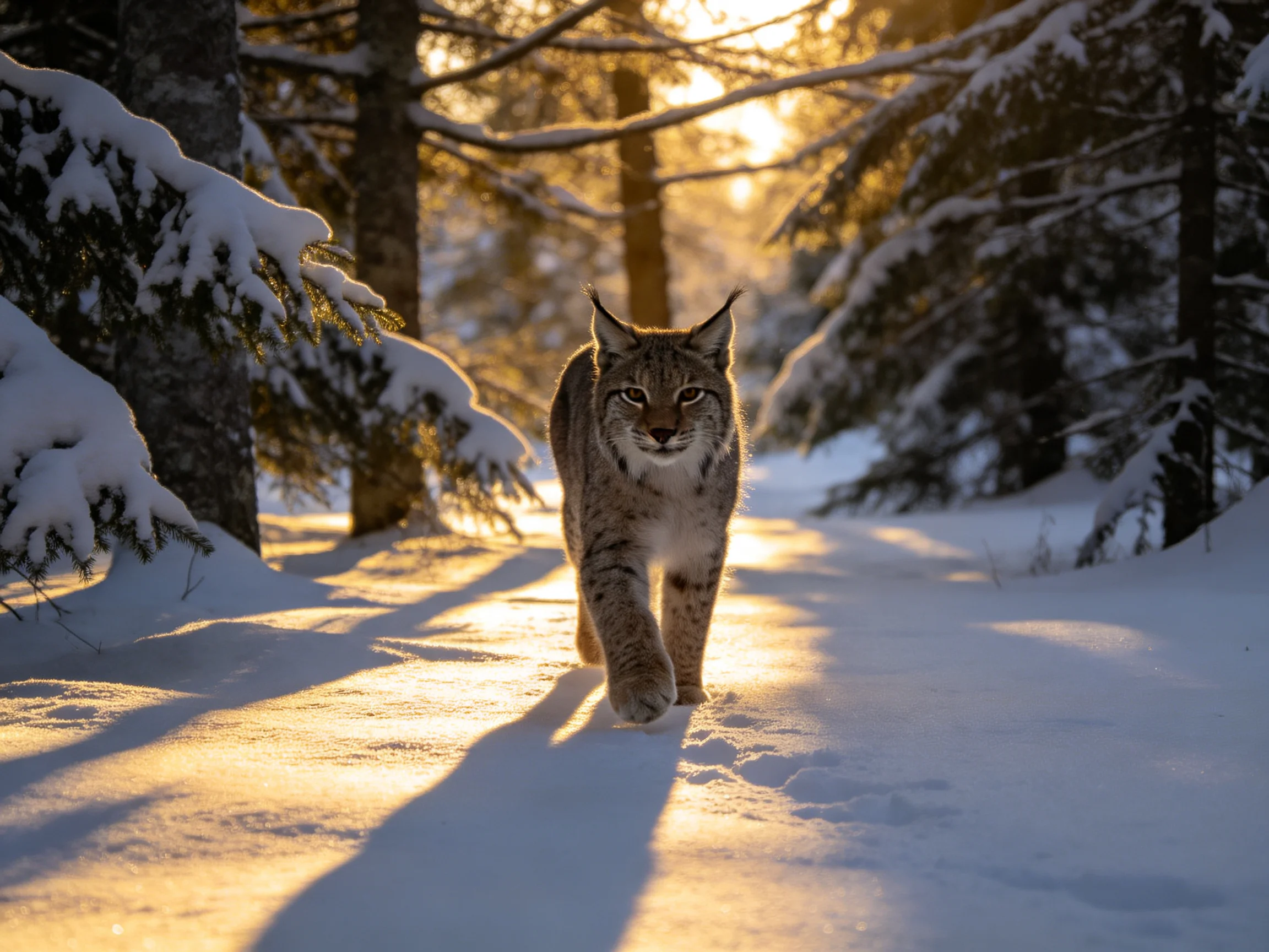 A lynx walks through a snow-covered forest bathed in golden sunlight