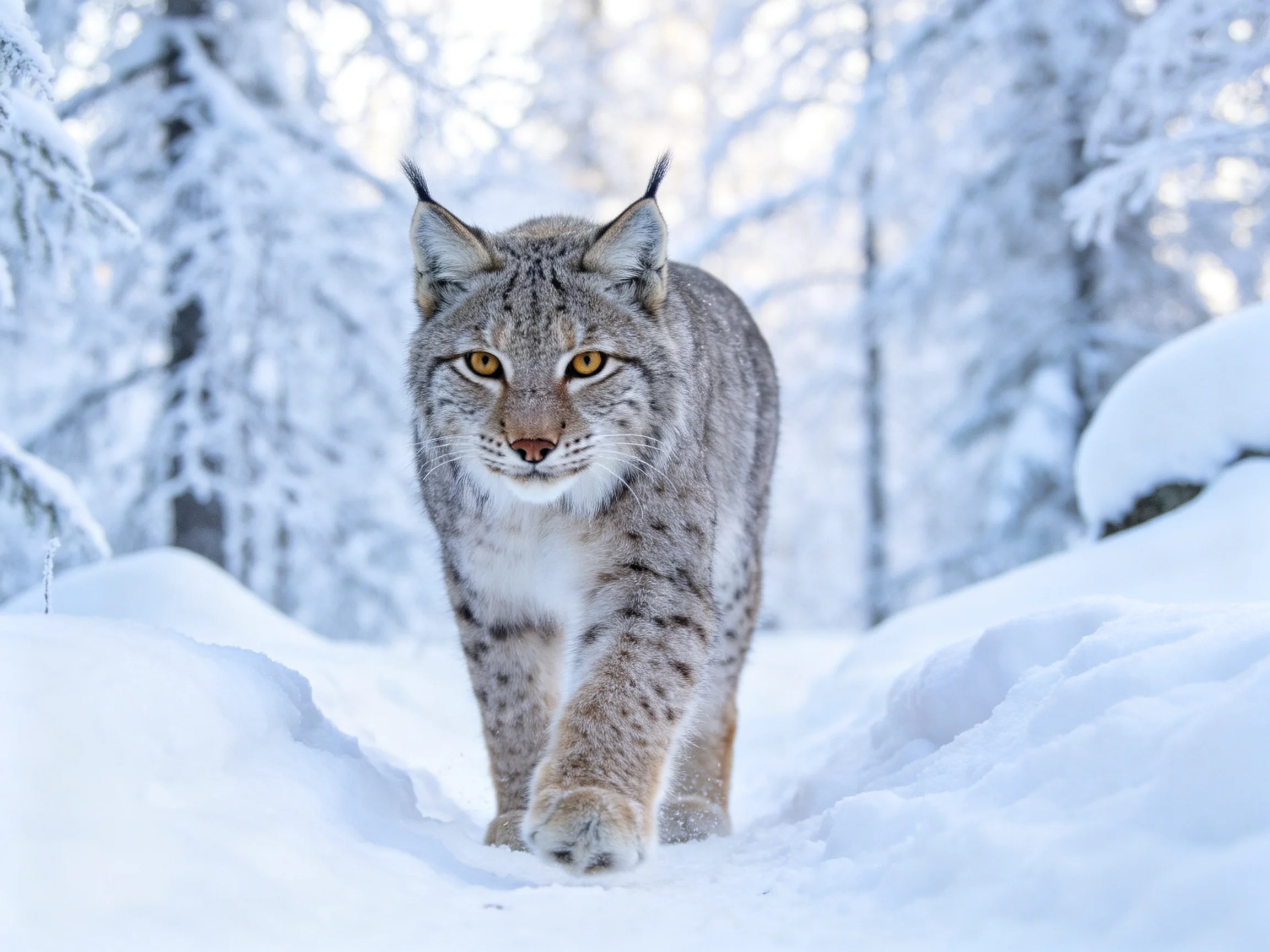 A lynx walks through a thick, snowy winter forest landscape
