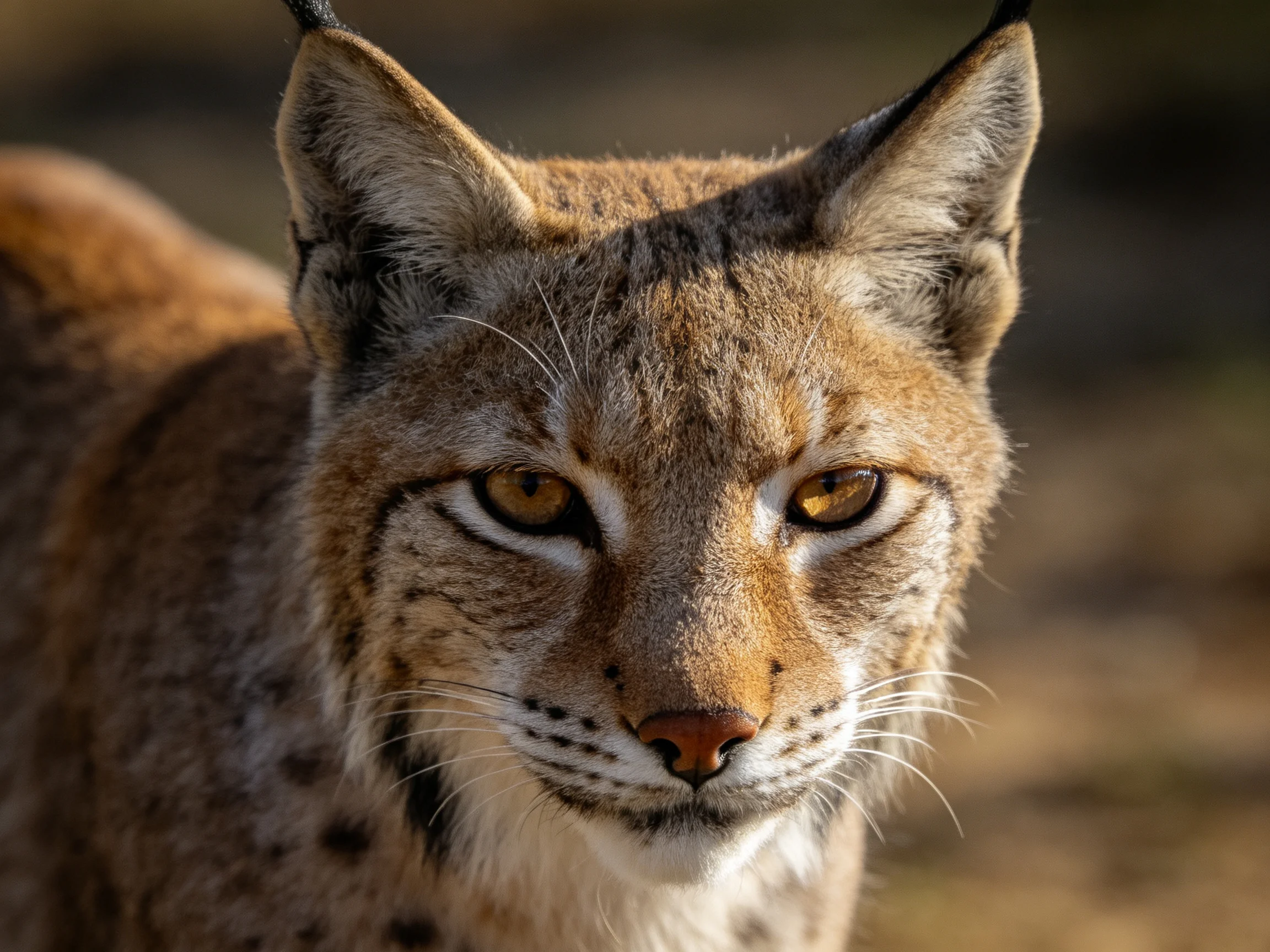 A lynx with amber eyes and brown spotted fur