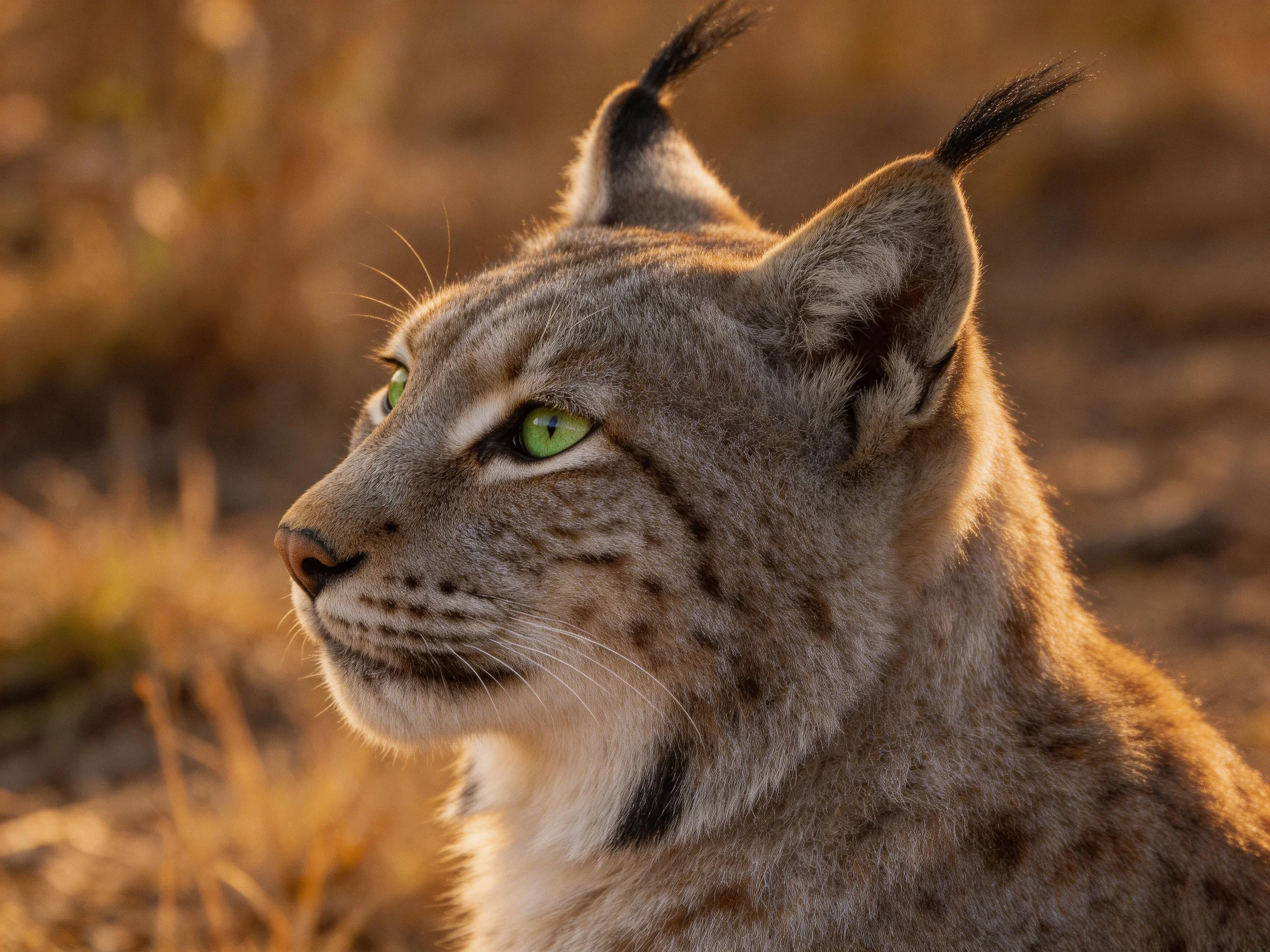 A lynx with bright green eyes in sunlit, earthy terrain