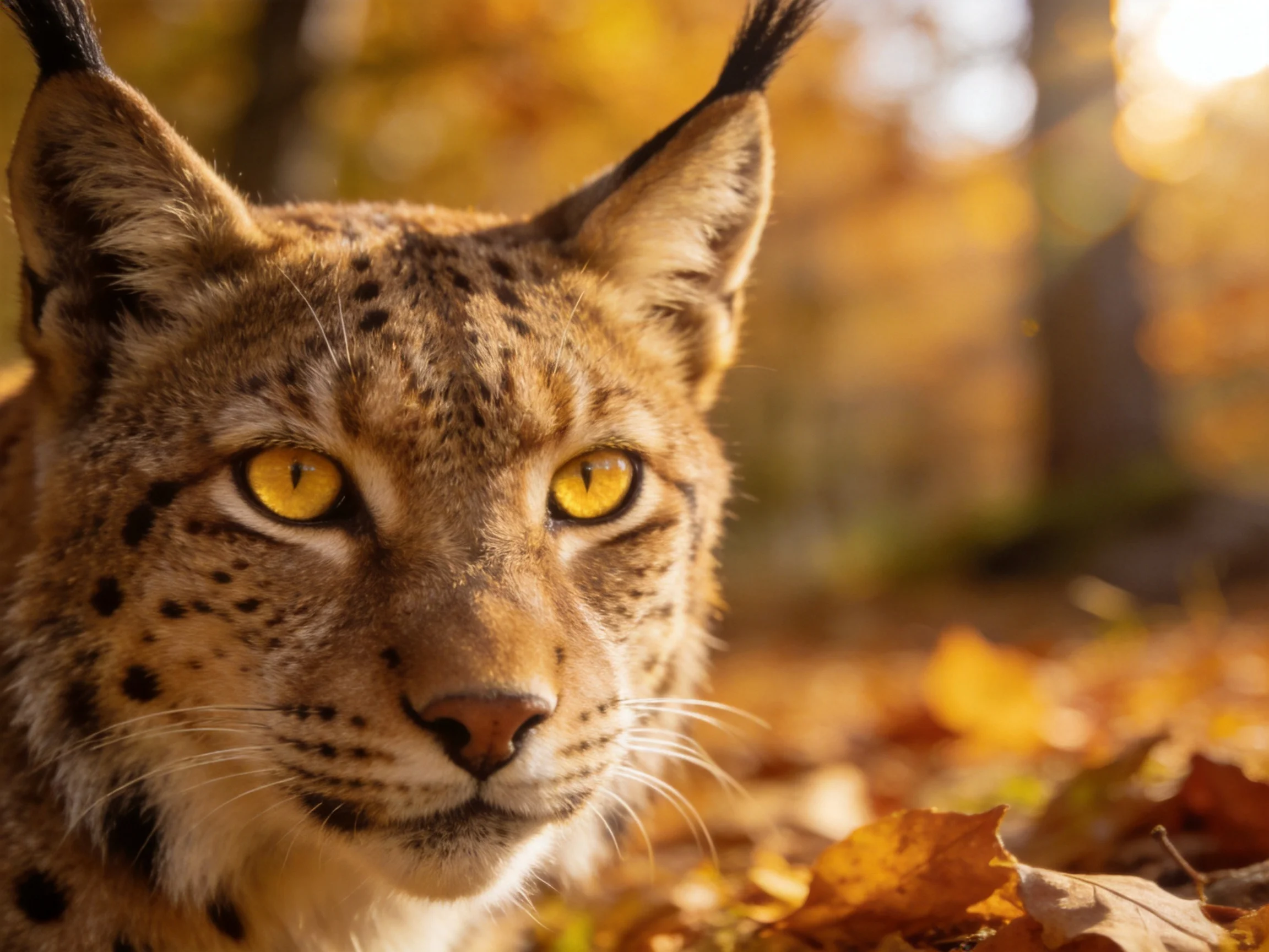 A lynx with bright yellow eyes amidst autumn foliage in a sunlit woodland