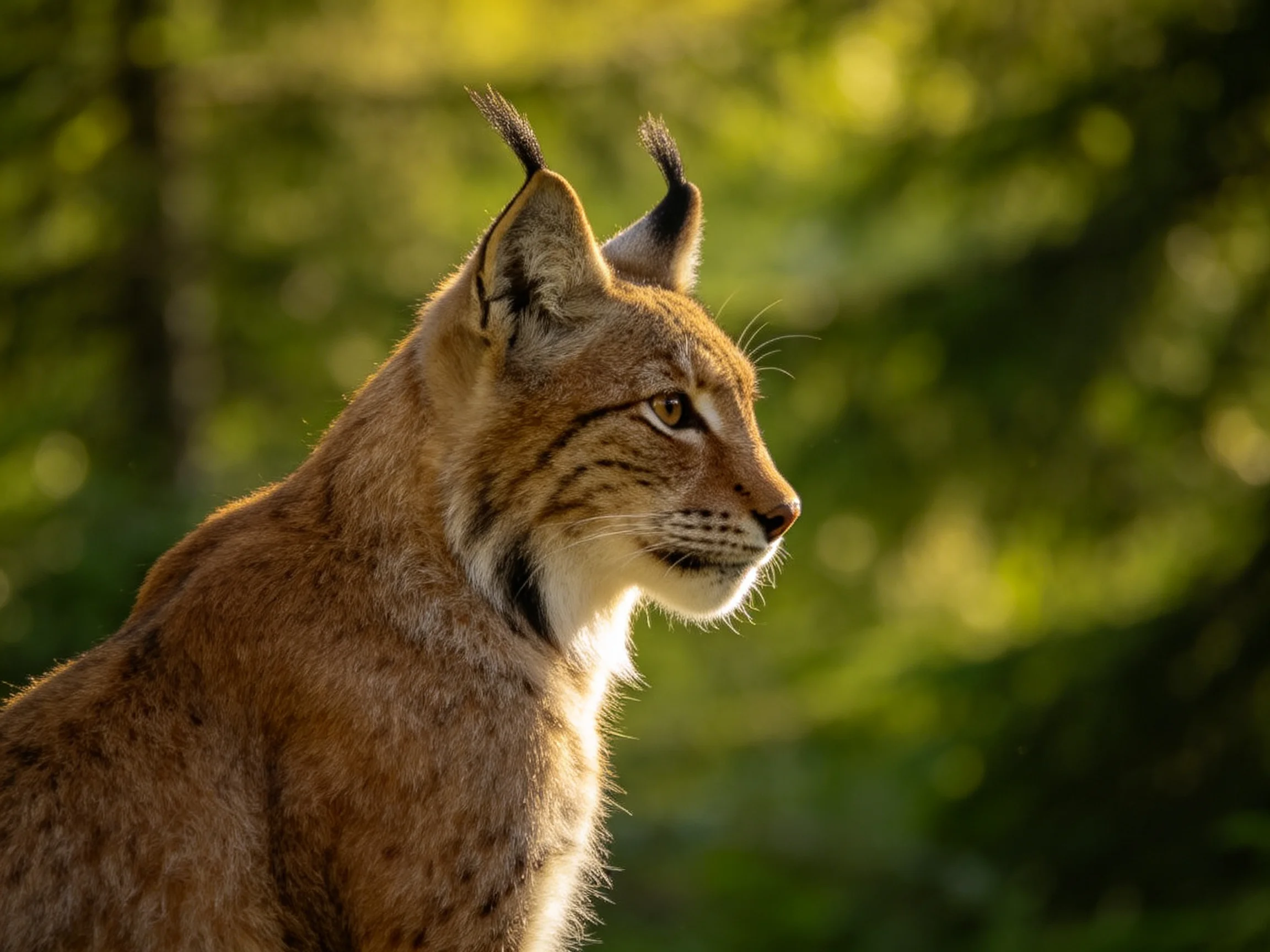 A lynx with ear tufts in sunlit greenery