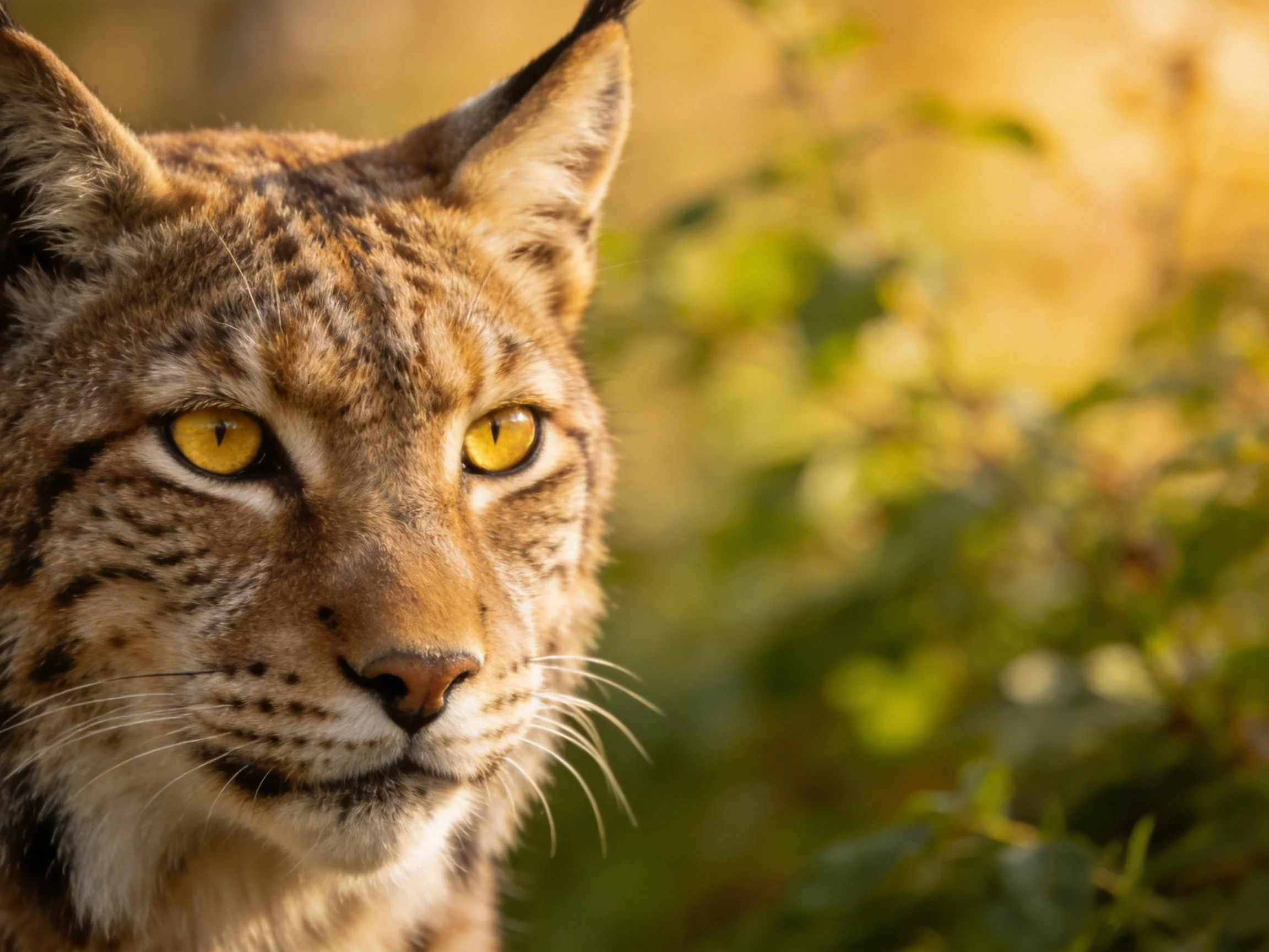 A lynx with golden eyes in sunlit green surroundings
