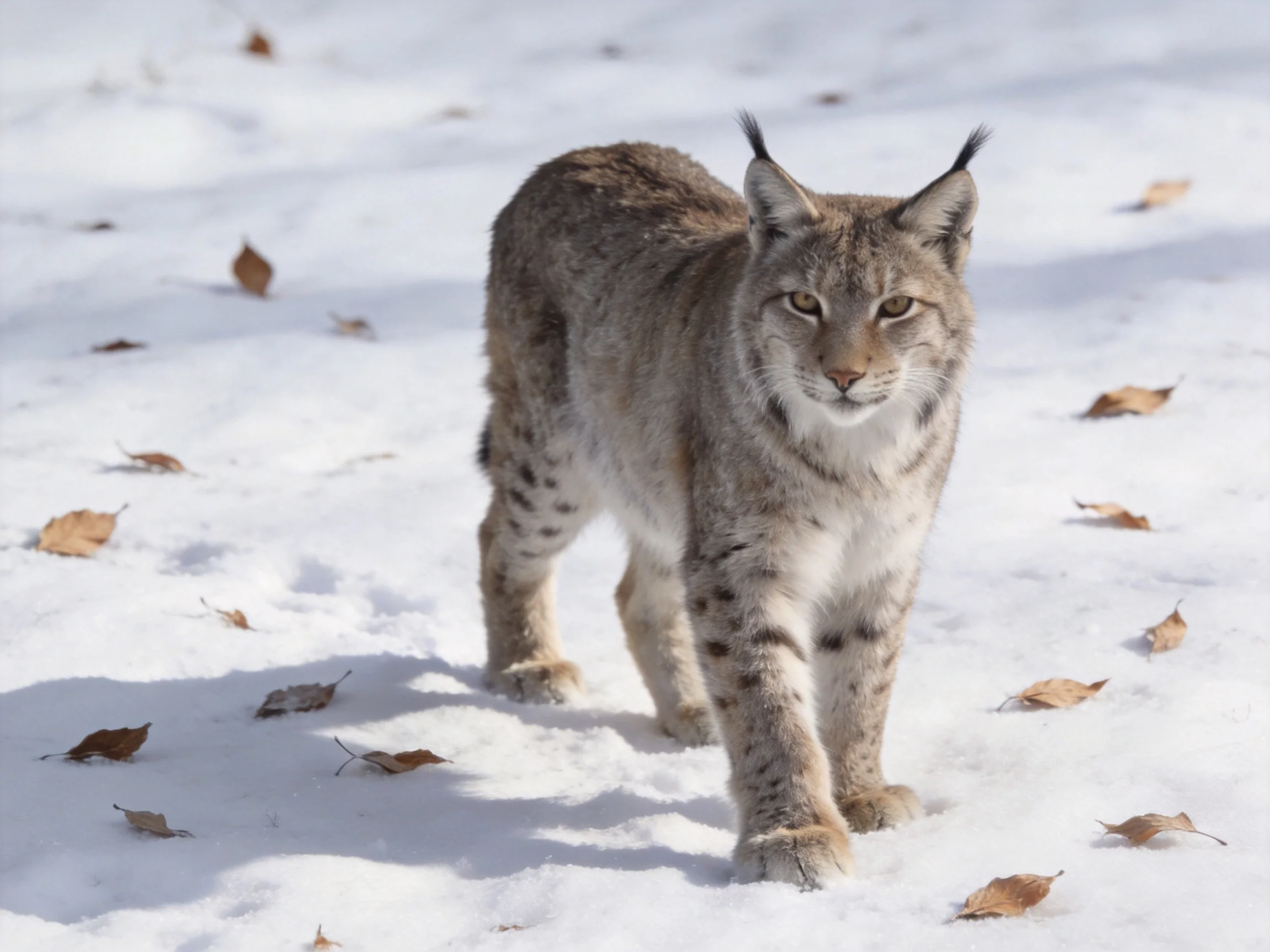 A lynx with gray and white fur walks on snow with scattered brown leaves