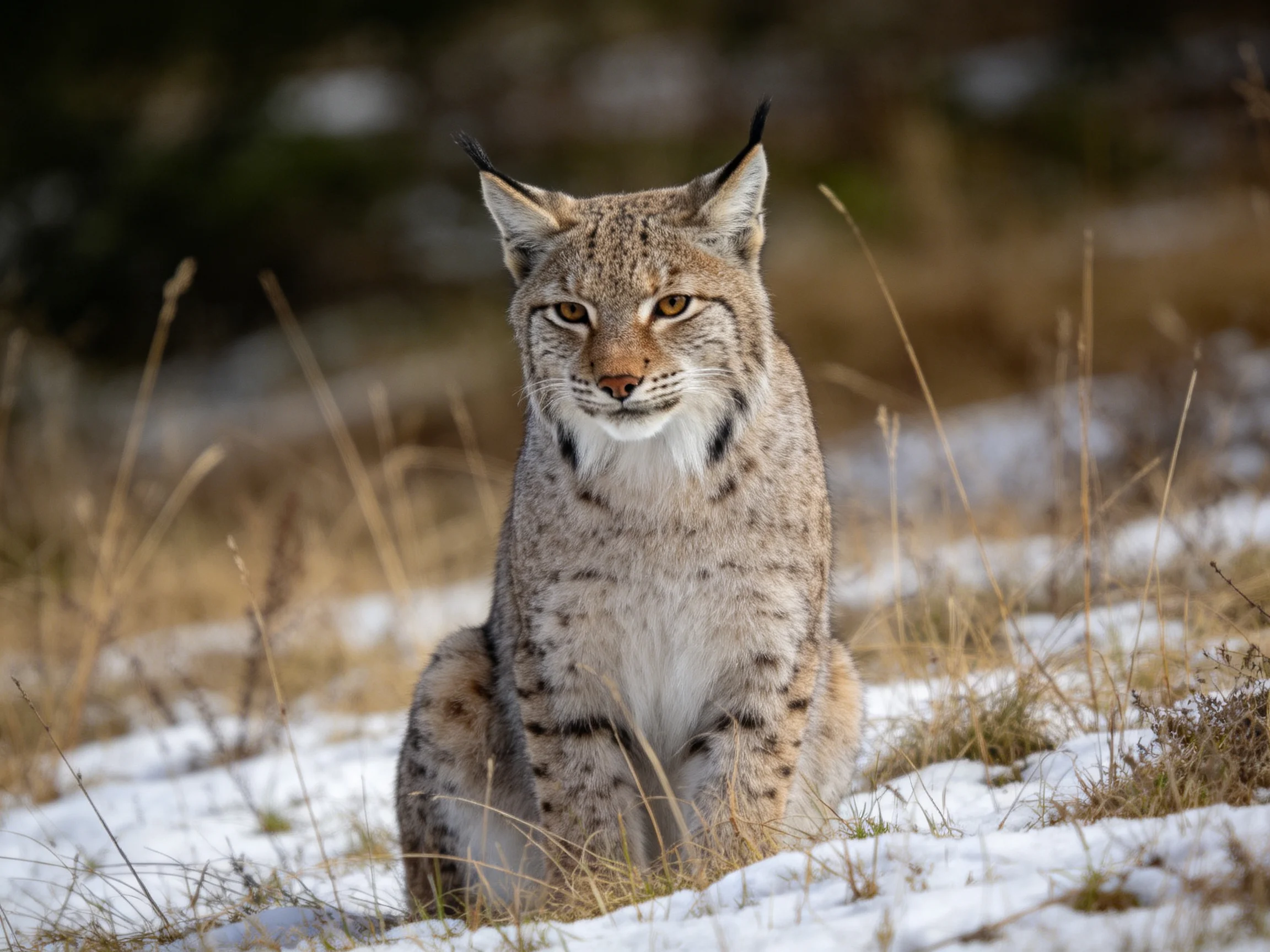 A lynx with spotted fur sits in a snowy grassy area
