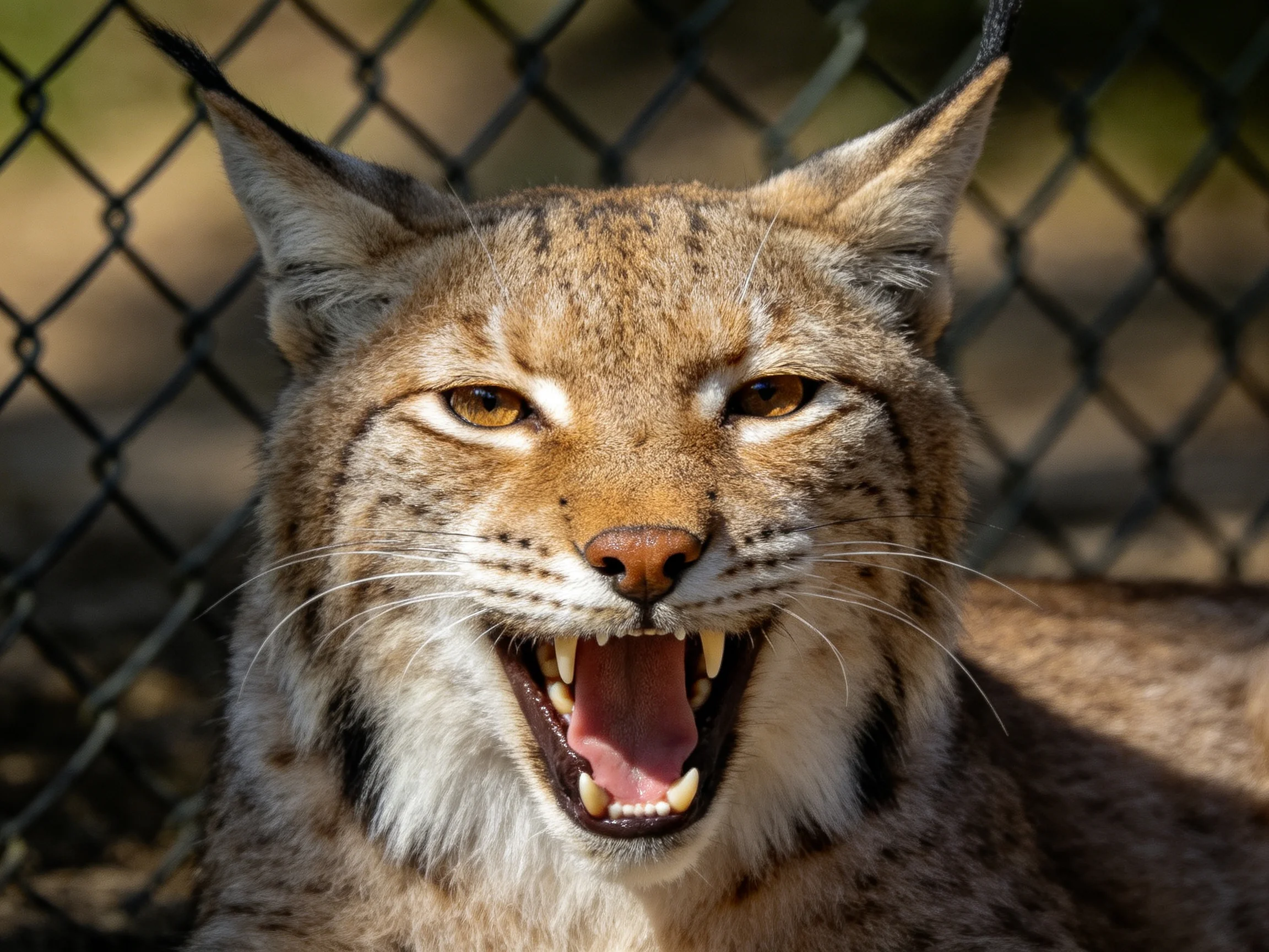 A lynx with tawny and white fur near a chain-link fence