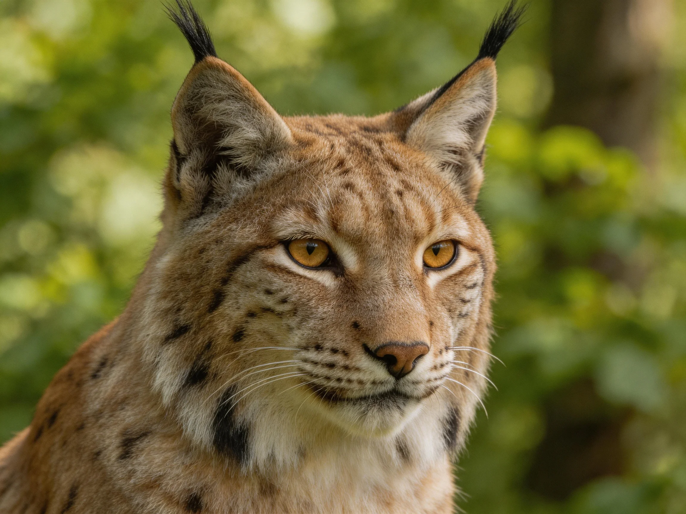 A lynx with tawny fur and black ear tufts in a lush green forest