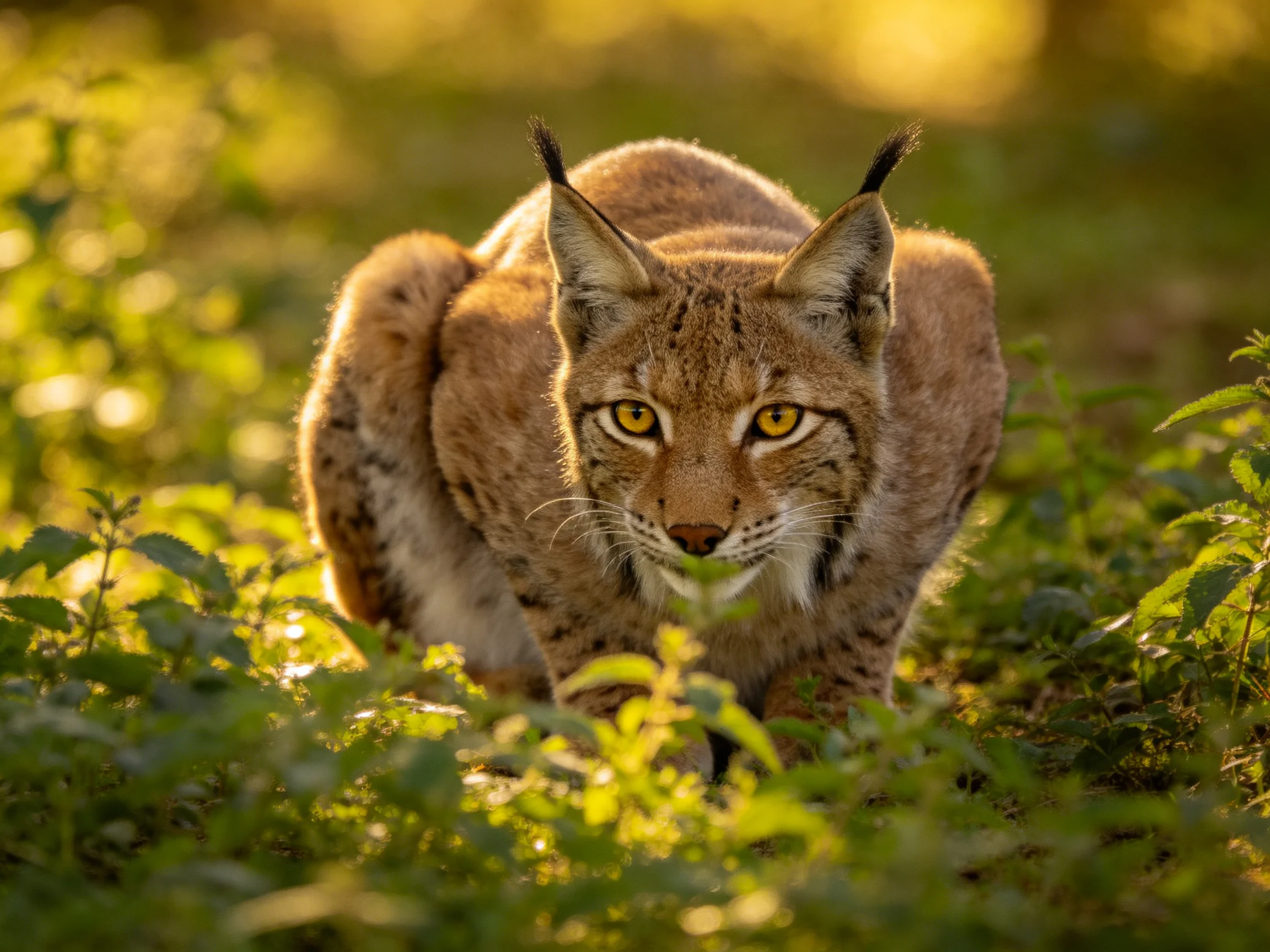 A lynx with tawny fur in sun-dappled green foliage
