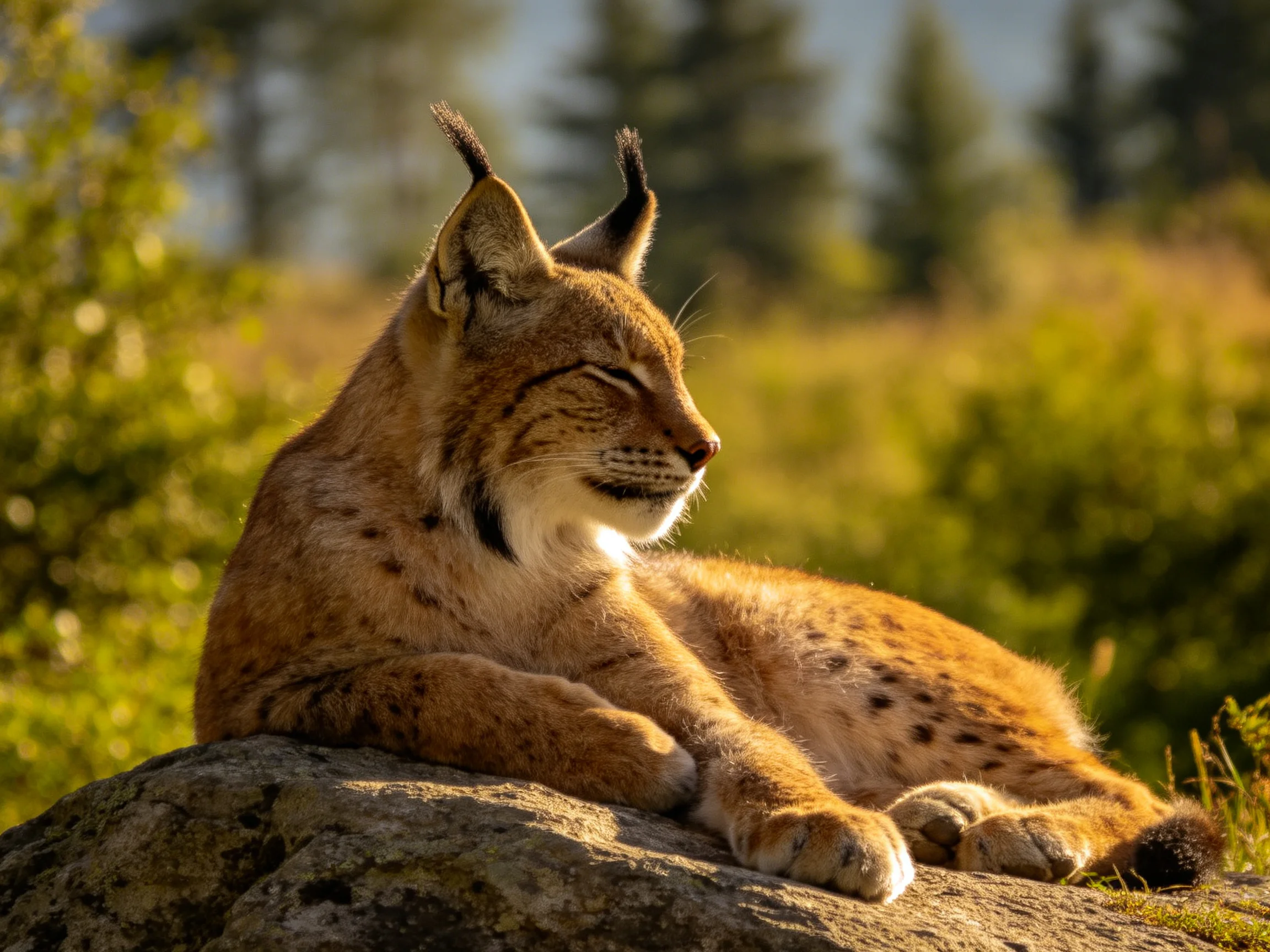 A lynx with tawny fur rests on a mossy rock in a sunlit natural setting