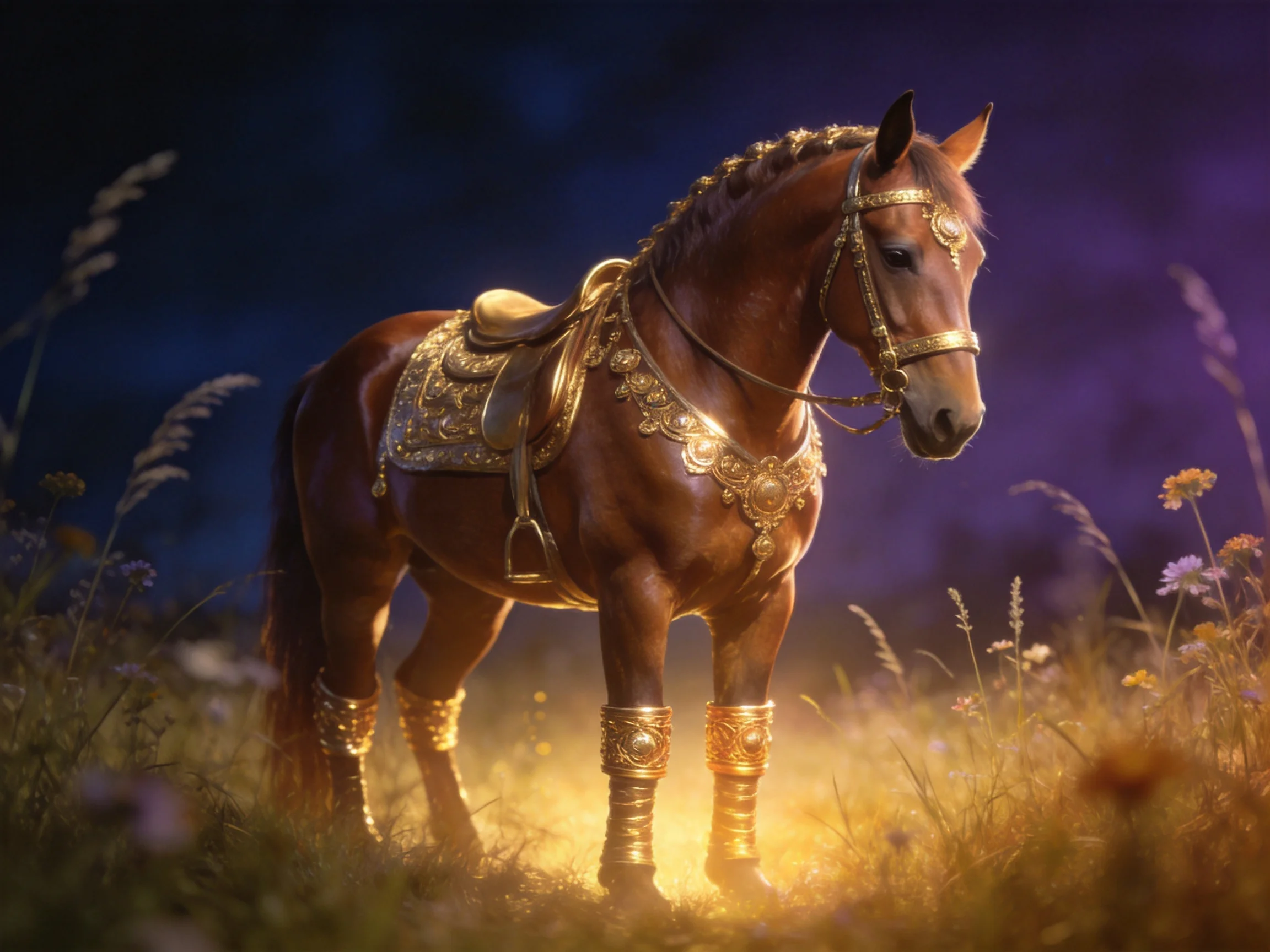 An elaborately decorated chestnut horse stands in a field under dramatic lighting.