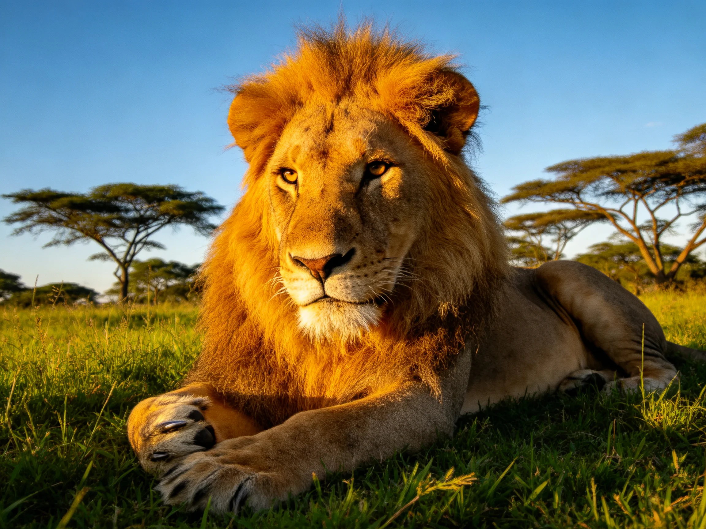 A golden lion rests peacefully in a sunlit savannah setting.