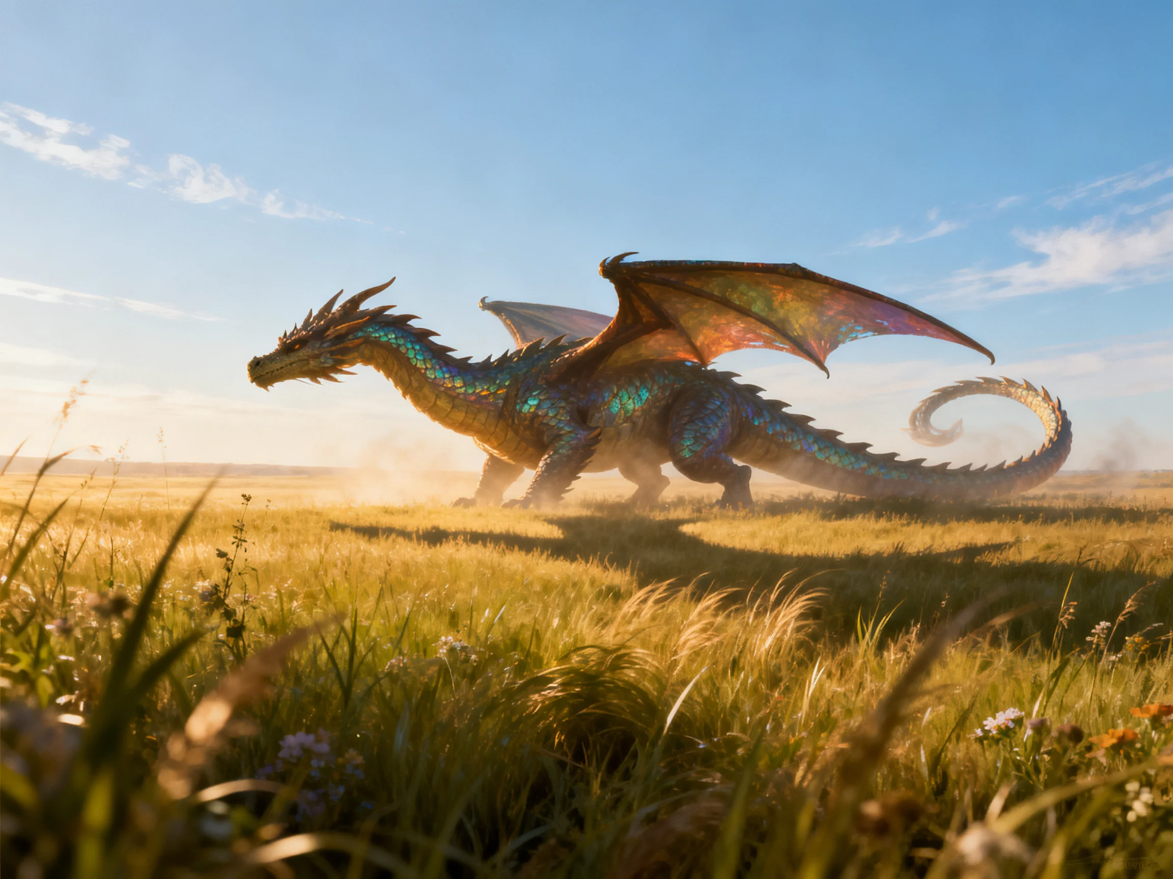 An iridescent dragon moves through a sunlit golden meadow.