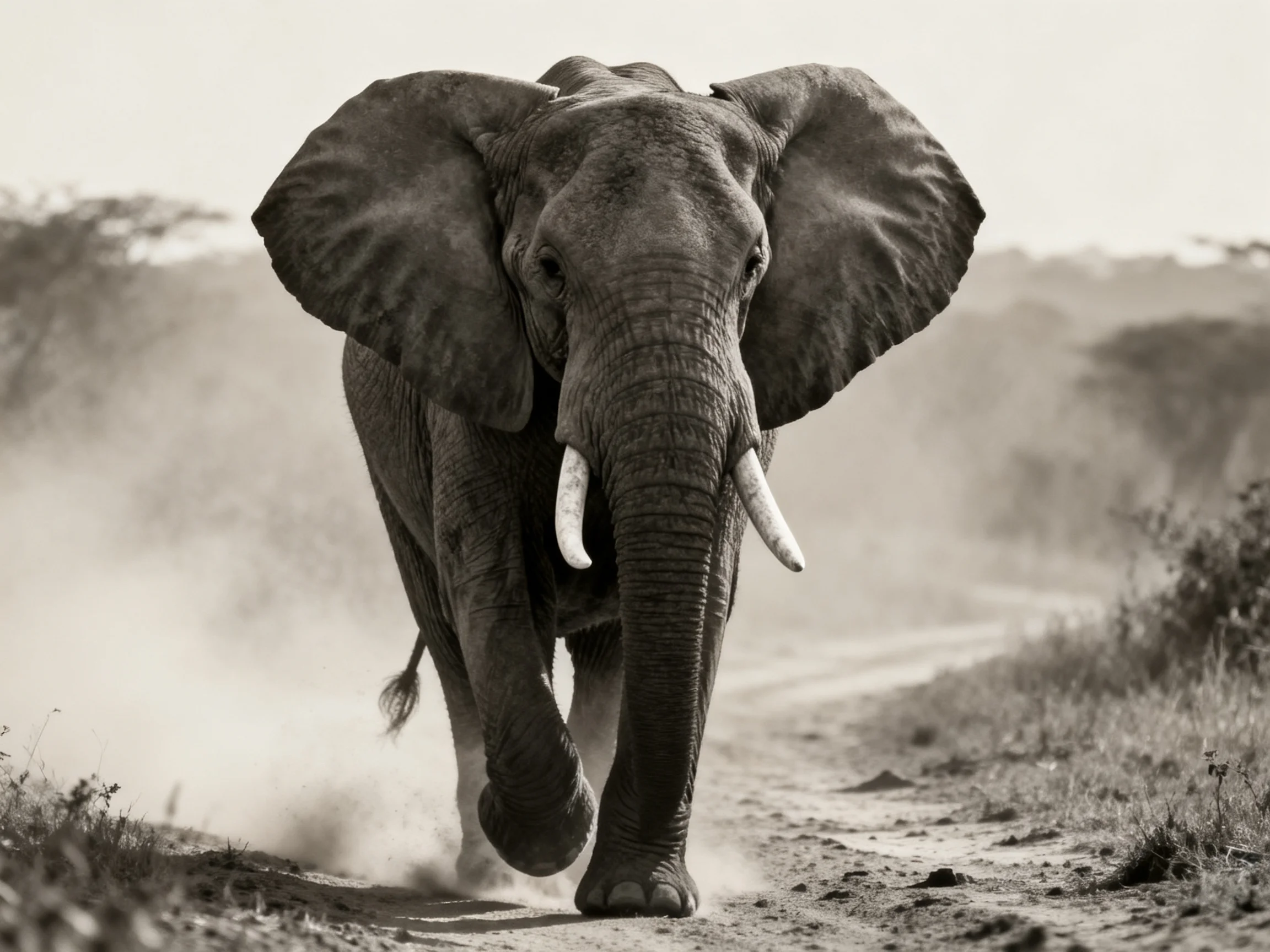 A majestic African elephant charging down a dusty dirt road